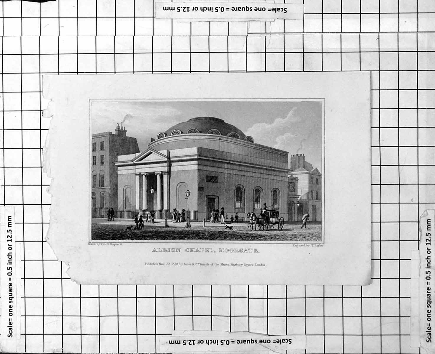 Antique Old Print Albion Chapel Moorgate Children Dogs Horses Carriage 1828
