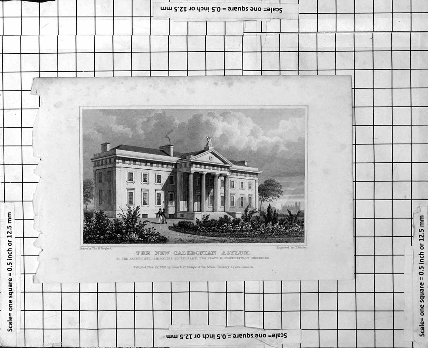 Antique Old Print The New Caledonian Asylum Front Exterior View Gardens 1828