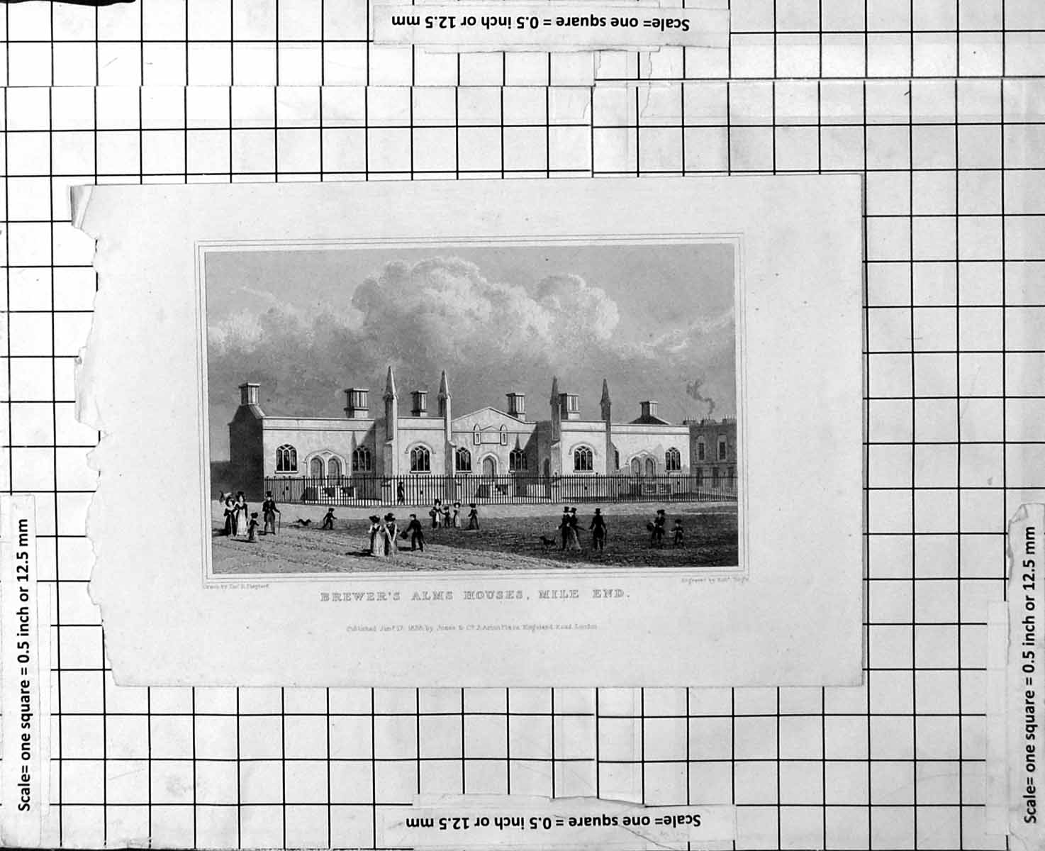 Original Old Antique Print Brewer'S Alms Houses Mile End People Walking 1828