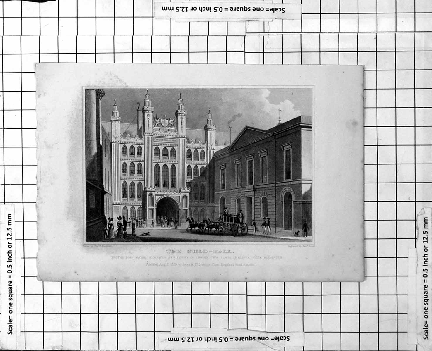 Antique Old Print The Guild-Hall Top Hats Tails London Horses Carriage 1828
