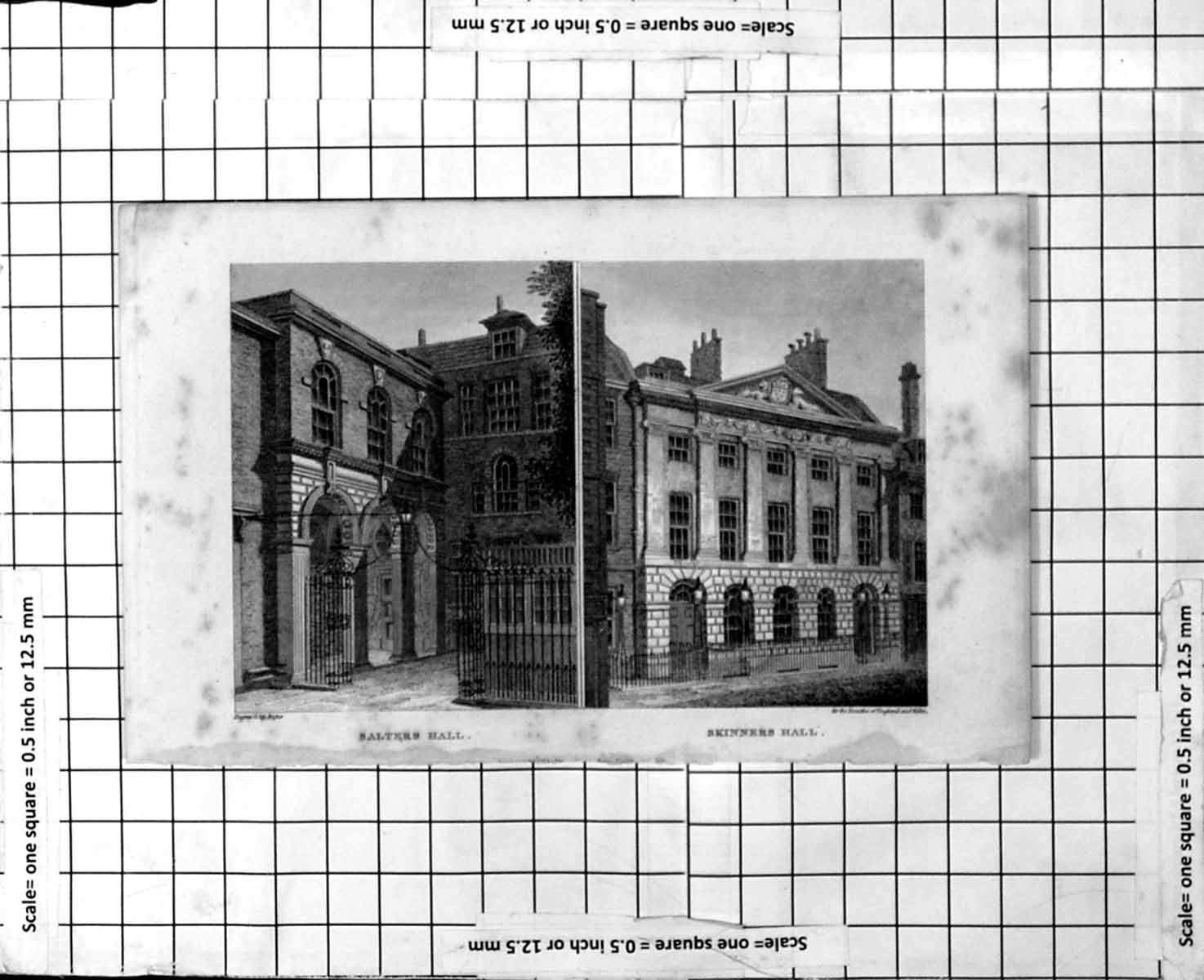Original Old Antique Print Salters Hall Skinners Hall Exterior Fronts Railings