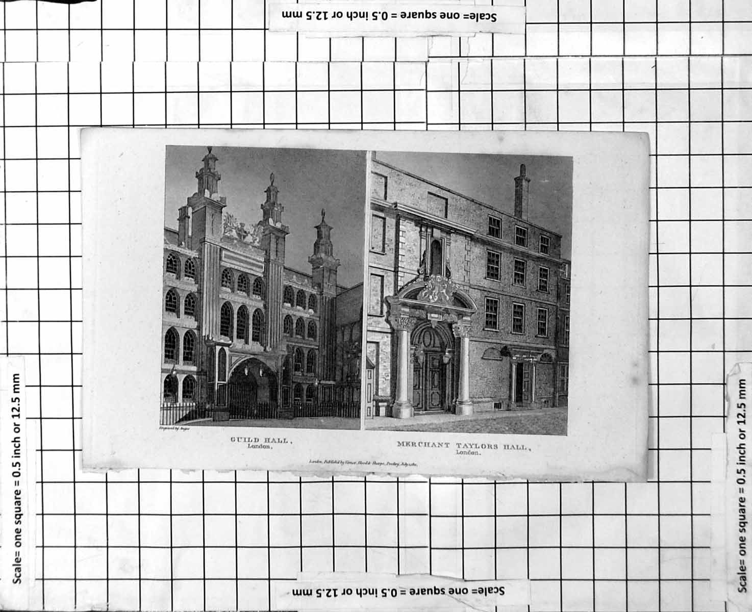 Old Antique Print Guild Hall London Merchant Taylors Hall Exterior Fronts