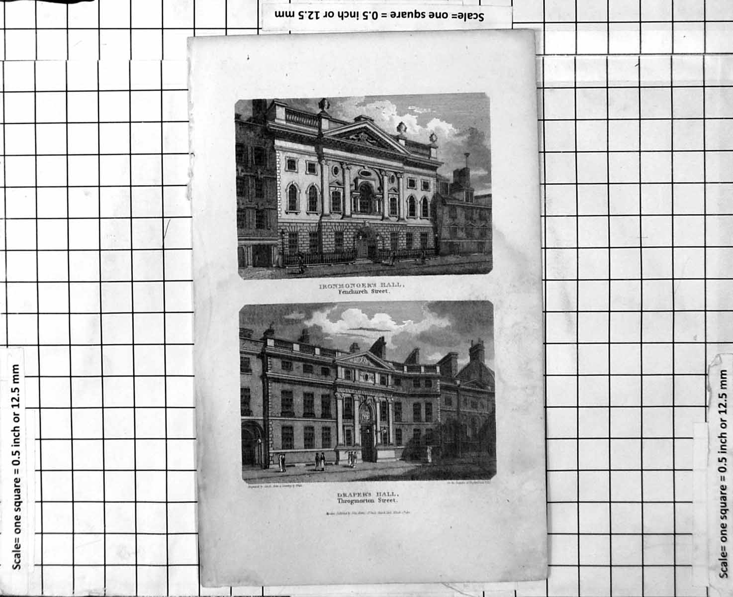Old Antique Print Ironmongers Hall Drapers Hall Railings People Walking