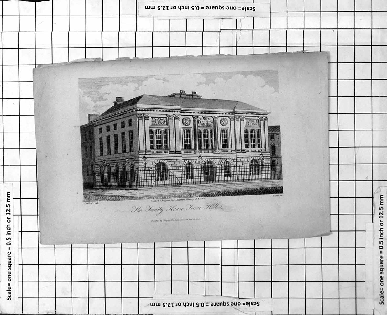 Old Antique Print The Trinity House Tower Hill Exterior Perspective View