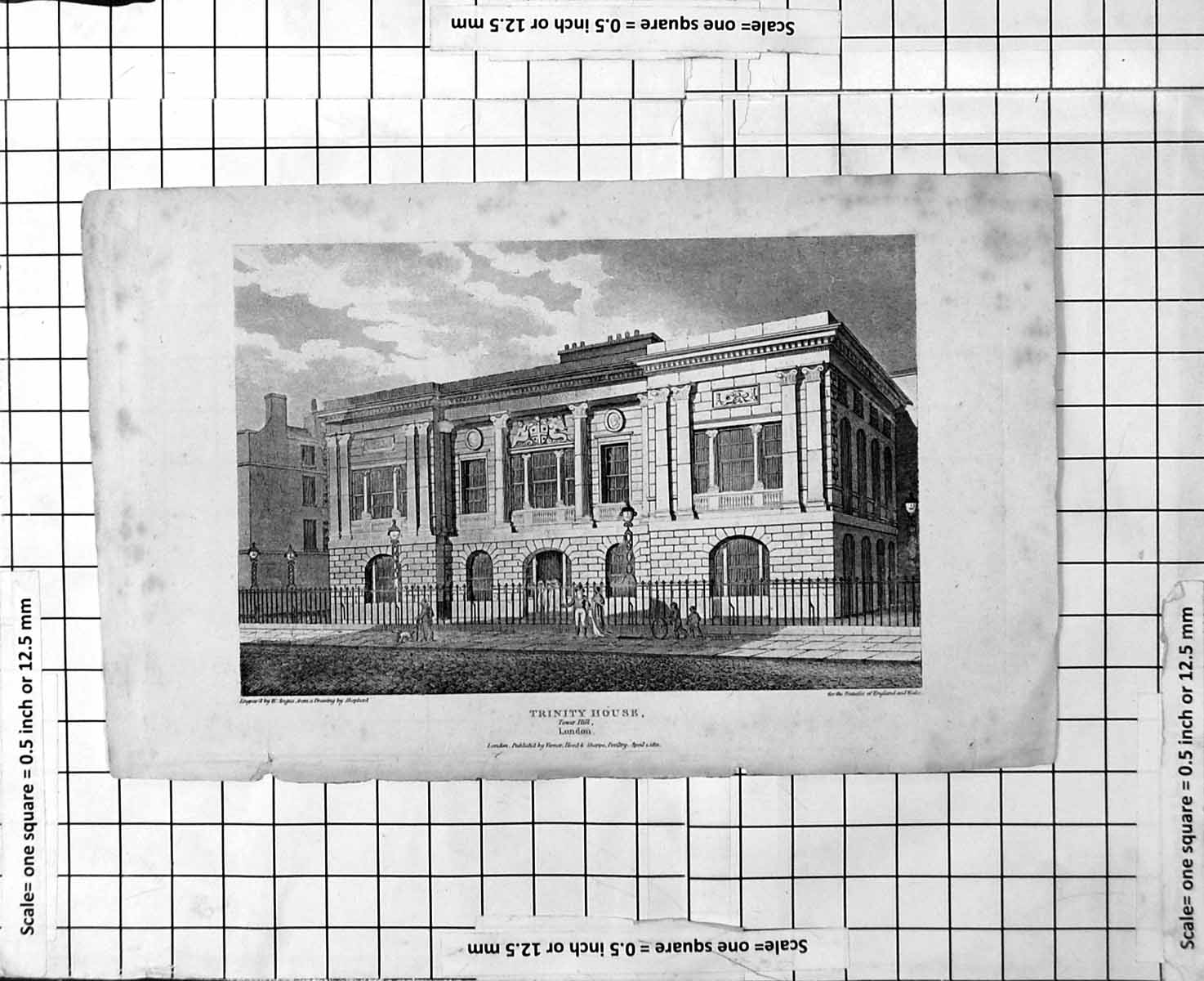 Antique Print Trinity House Tower Hill London Exterior View Railings People