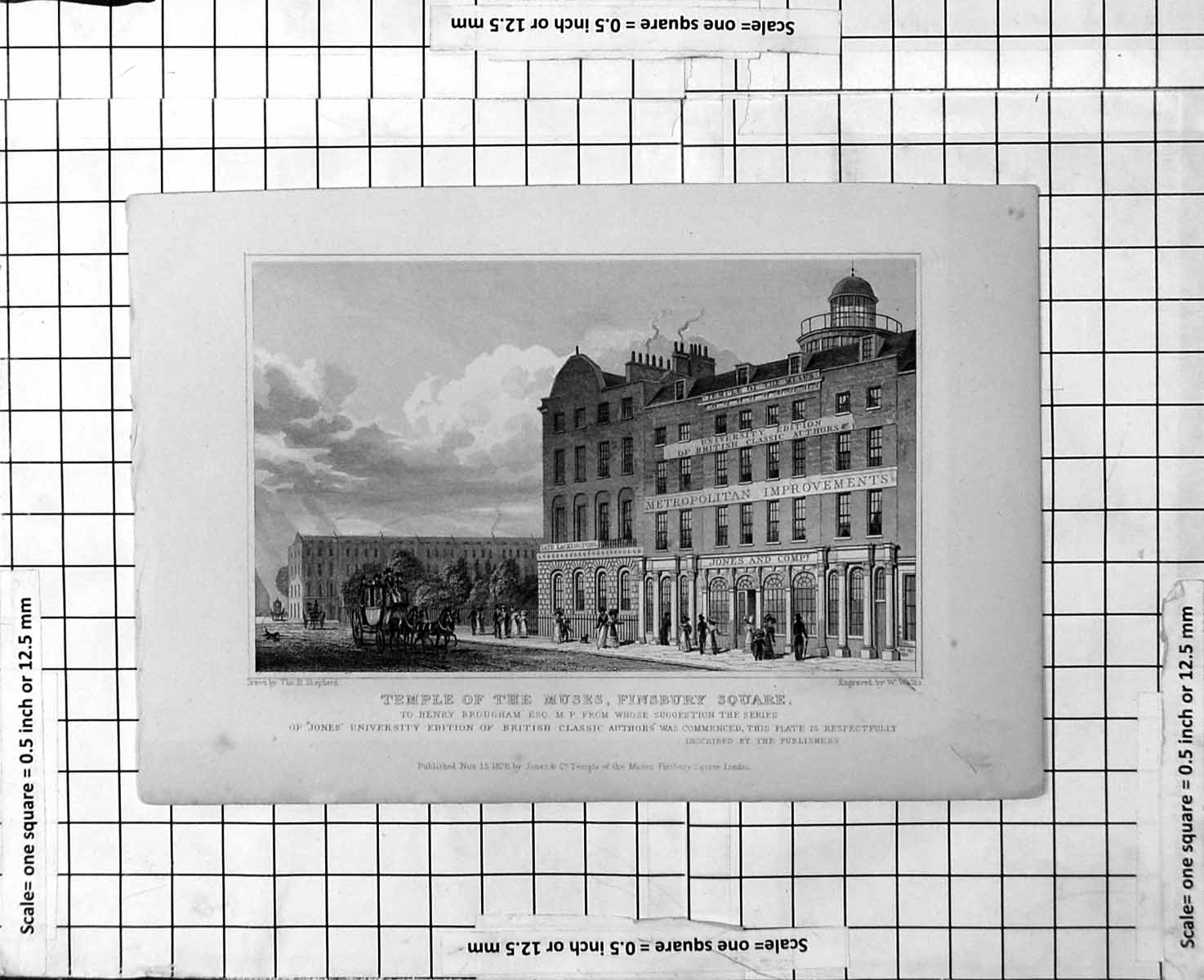 Antique Old Print Temple Muses Finsbury Square Exterior Horse Carriage 1828
