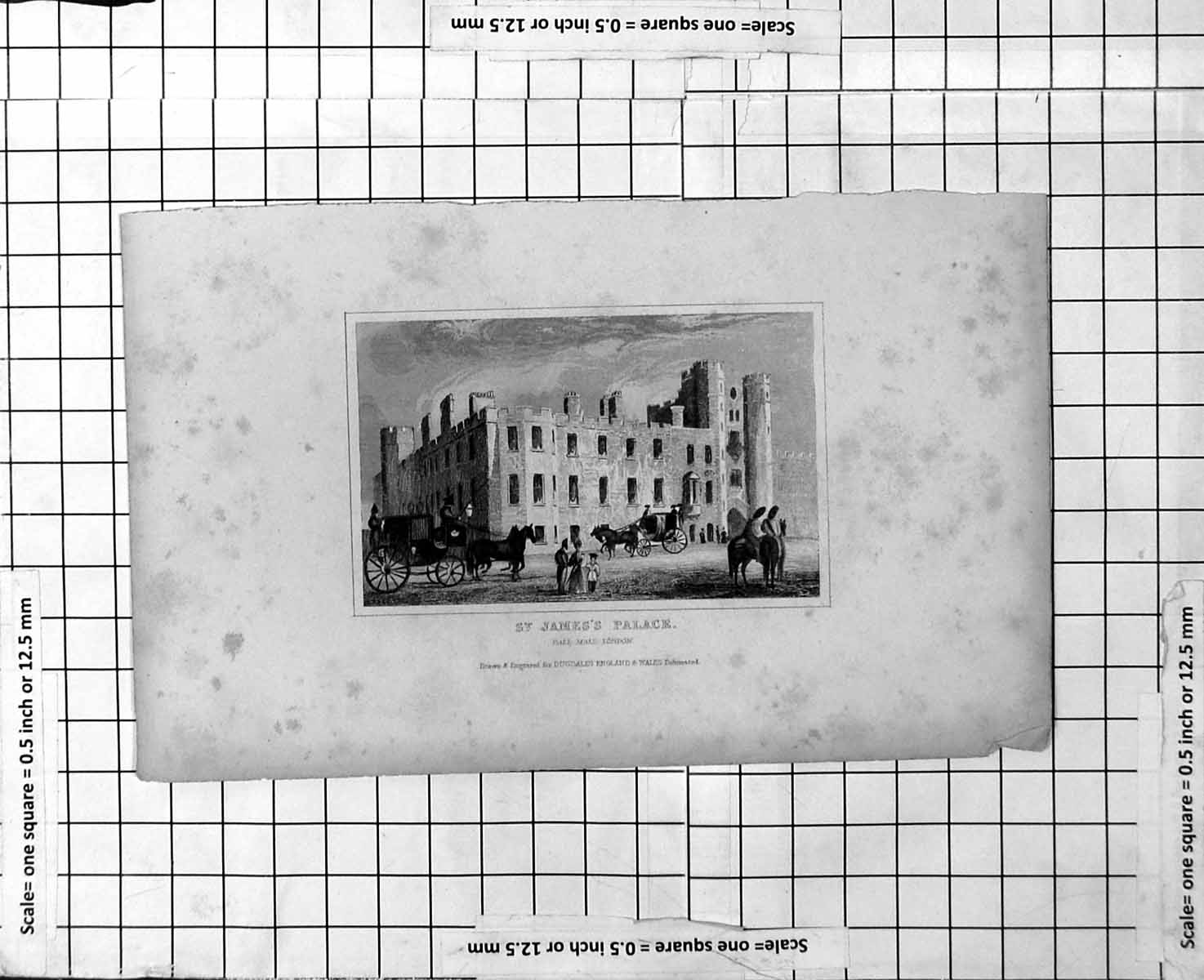 Original Old Antique Print St James Palace Pall Mall London Horses Carriages