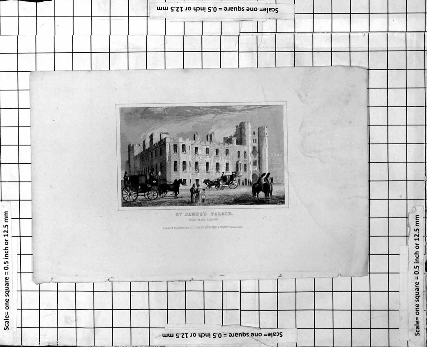 Antique Old Print St James Palace Pall Mall London Horses Carriages People