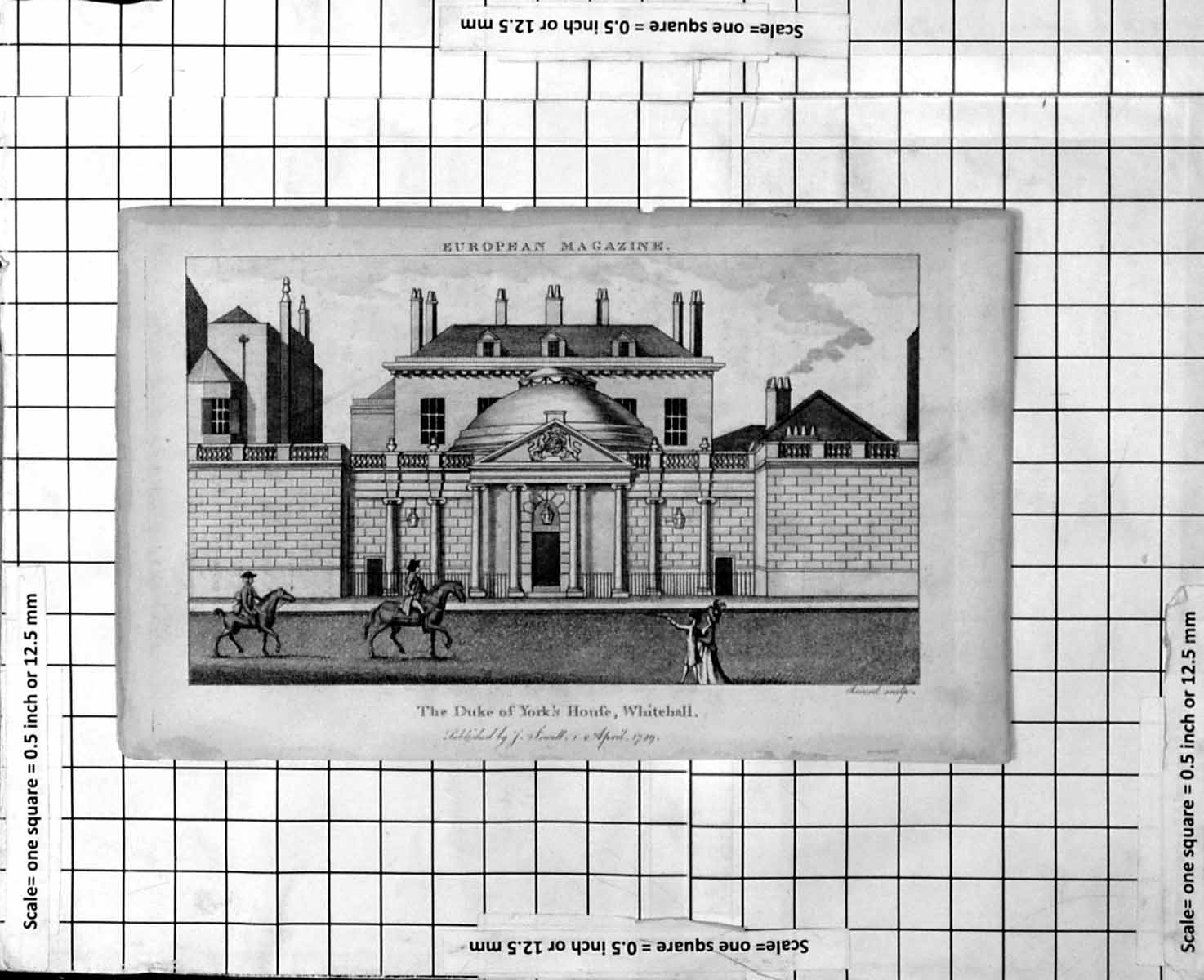 Antique Old Print The Duke York'S House Whitehall Columns Pillars Exterior