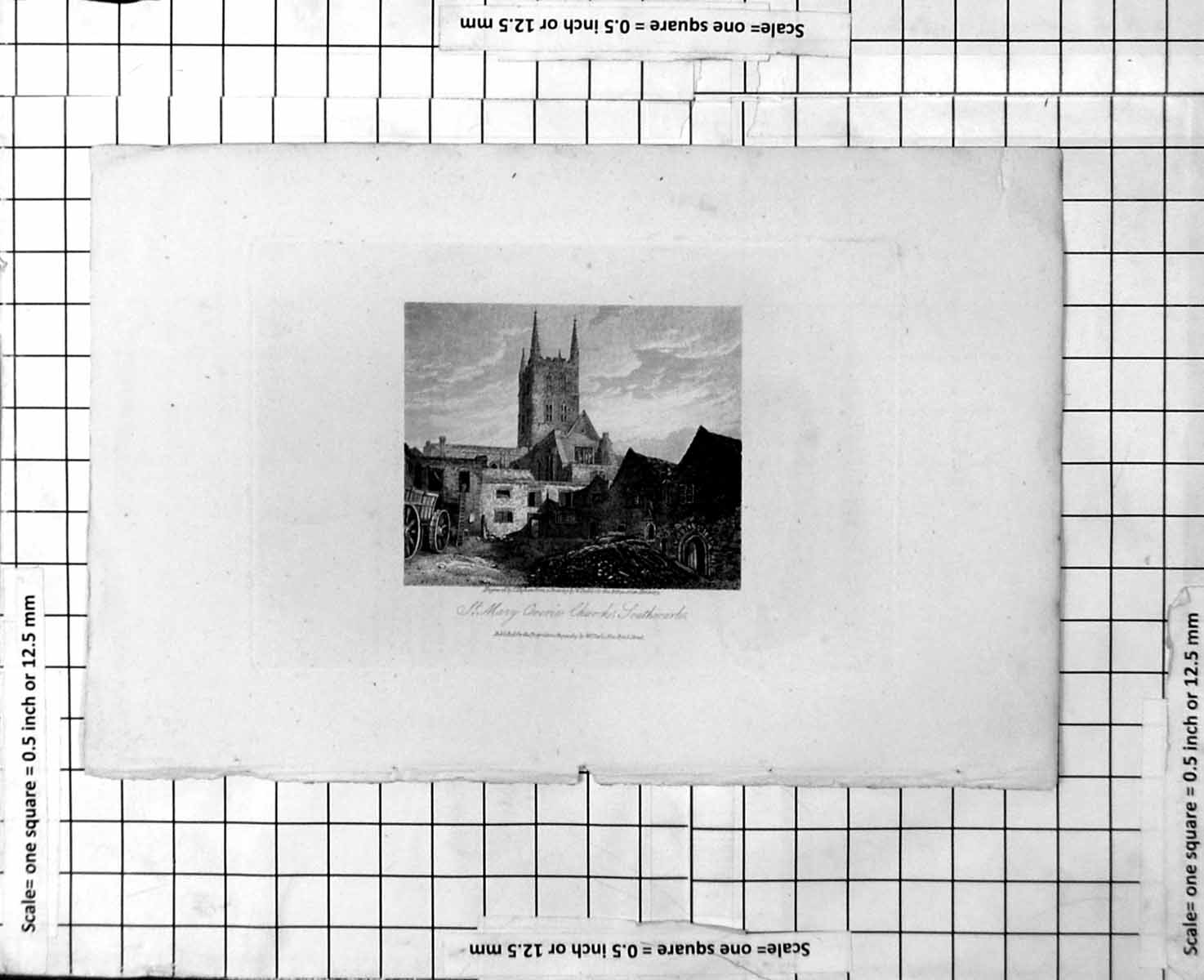 Original Old Antique Print St. Mary Overies Church Southwark Cart Buildings