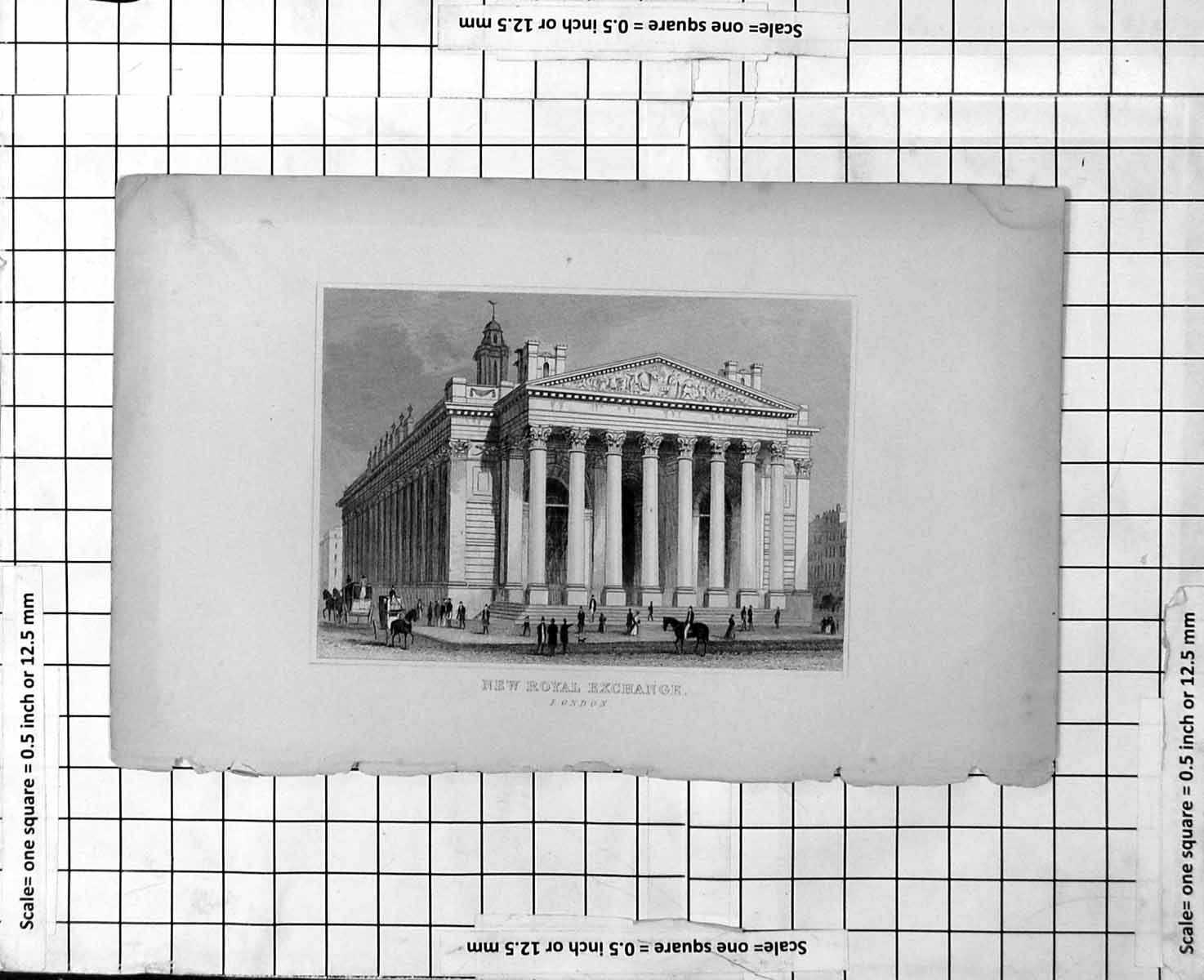 Antique Old Print New Royal Exchange London Exterior Perspective View Pillars