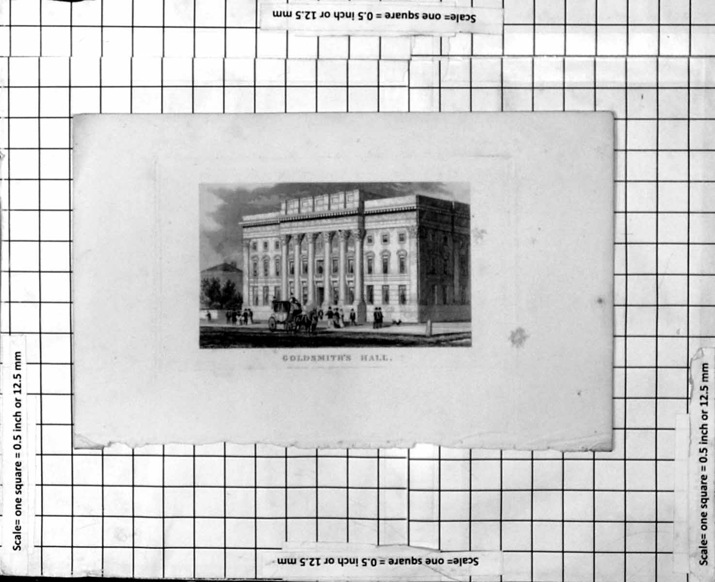 Original Old Antique Print Gsmith'S Hall Exterior View Columns Horse Carriage