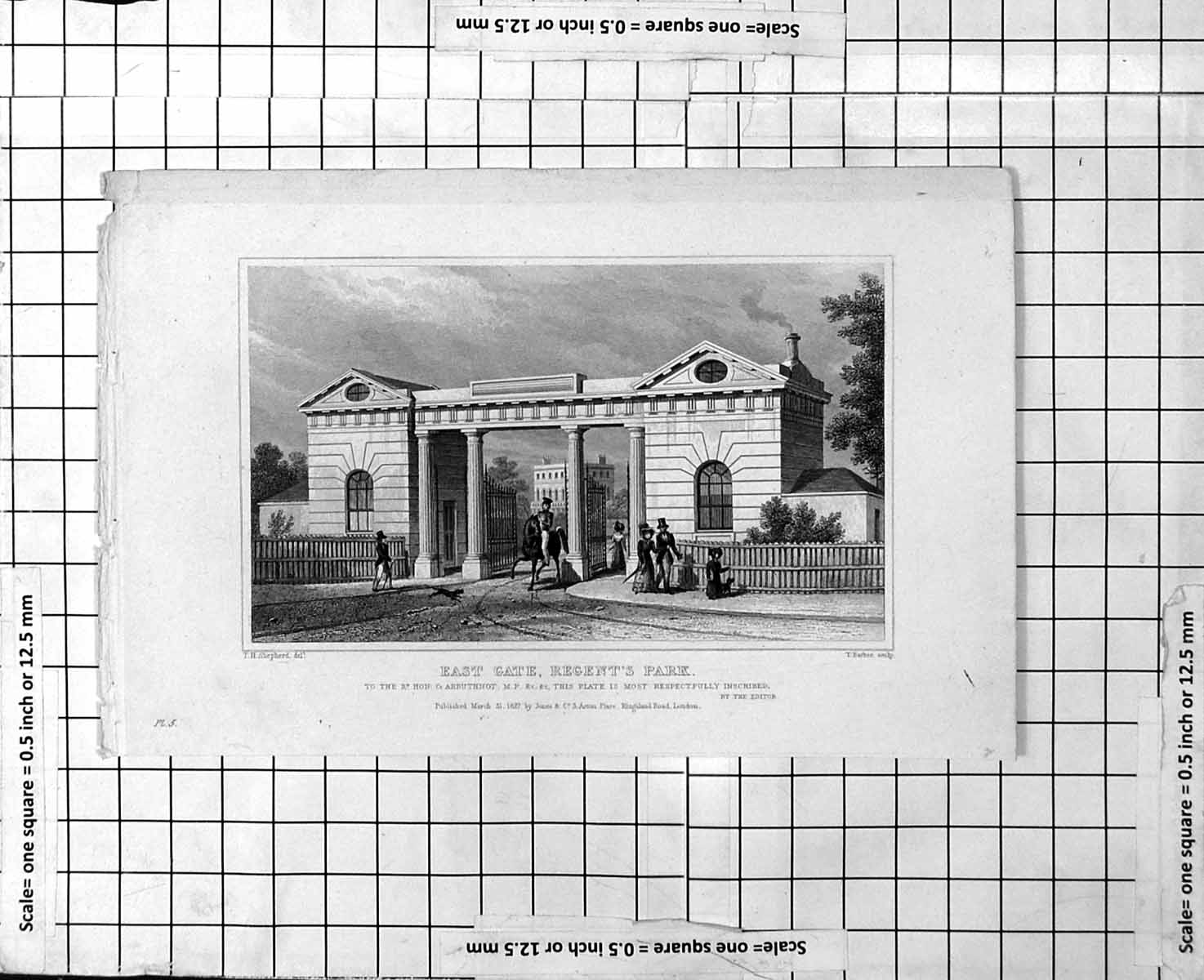 Old Antique Print East Gate Regents Park Horse Sier People Walking 1827 19th