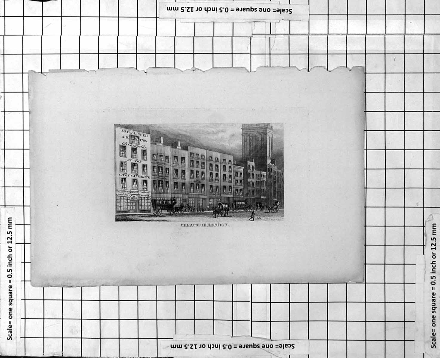 Original Old Antique Print Cheapside London Buildings Horse Omnibus Carriages