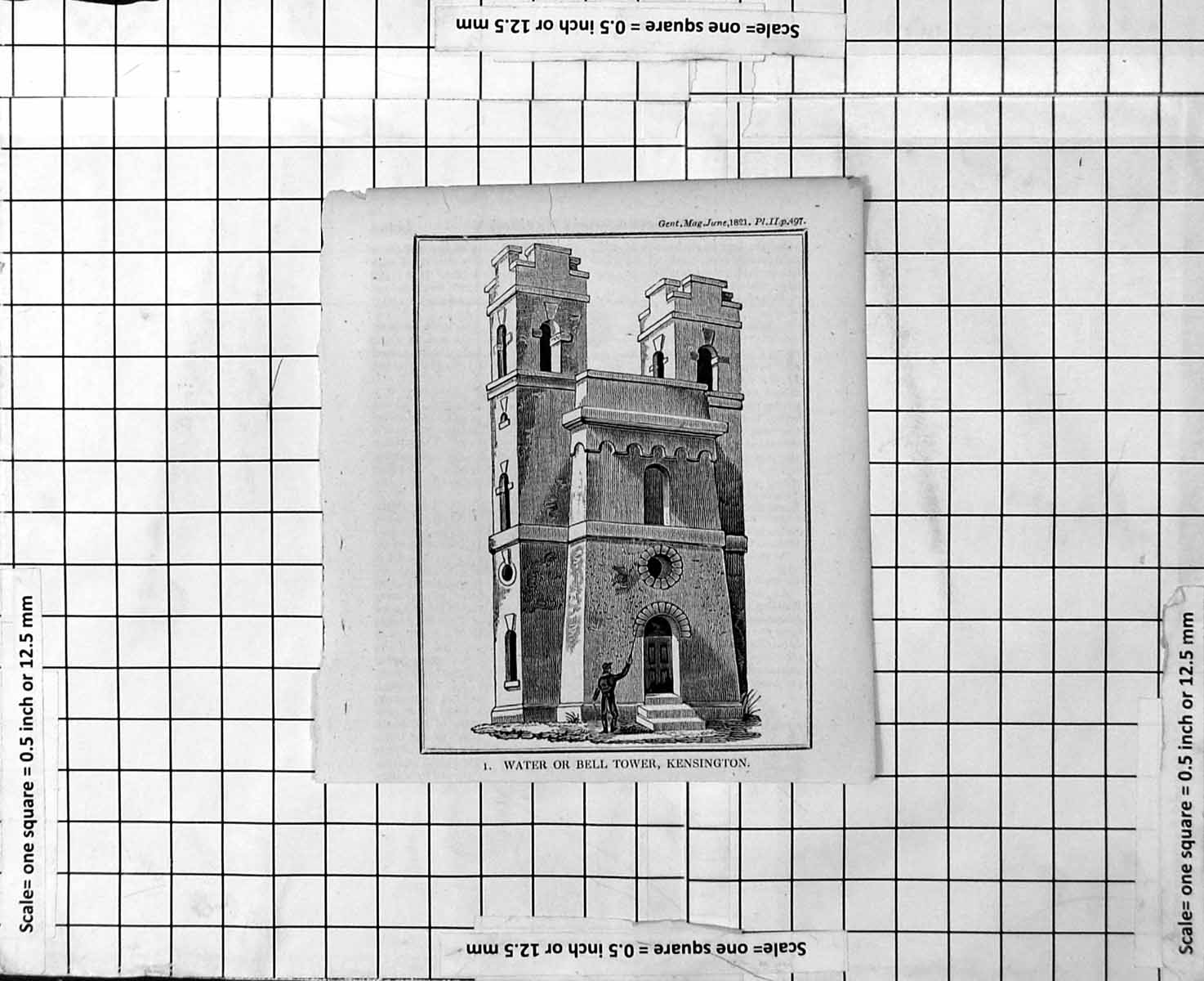 Old Antique Print Water Or Bell Tower Kensington Arched Doorway Man 1821 19th