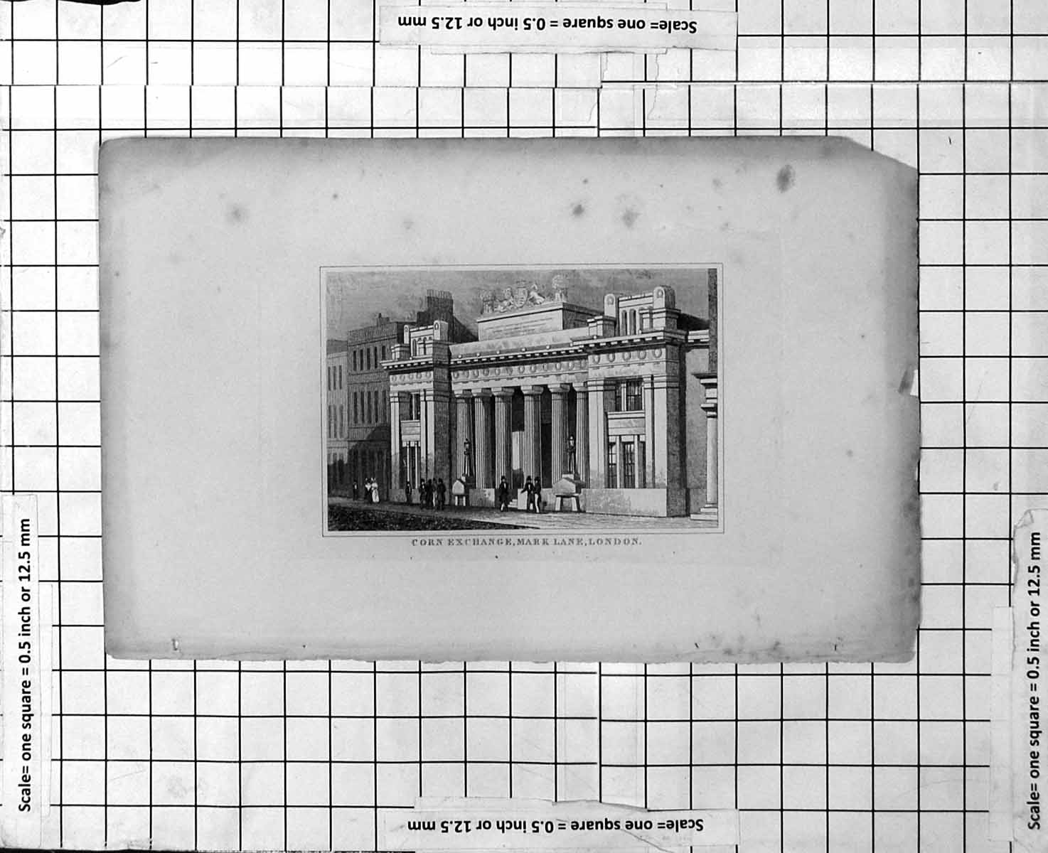 Original Old Antique Print Corn Exchange Mark Lane London Columns Front People