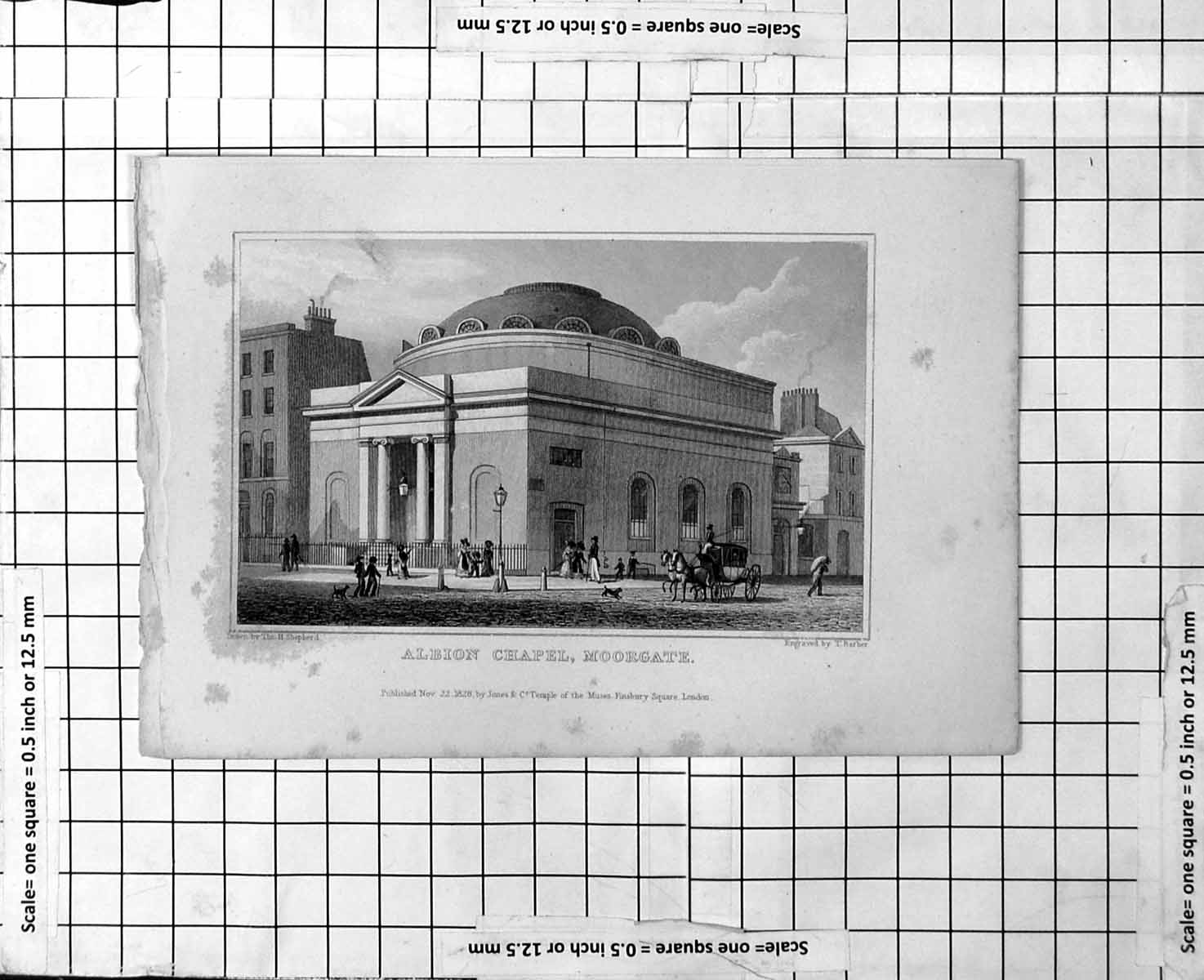 Antique Old Print Albion Chapel Moorgate Children Horses Carriage Dogs 1828