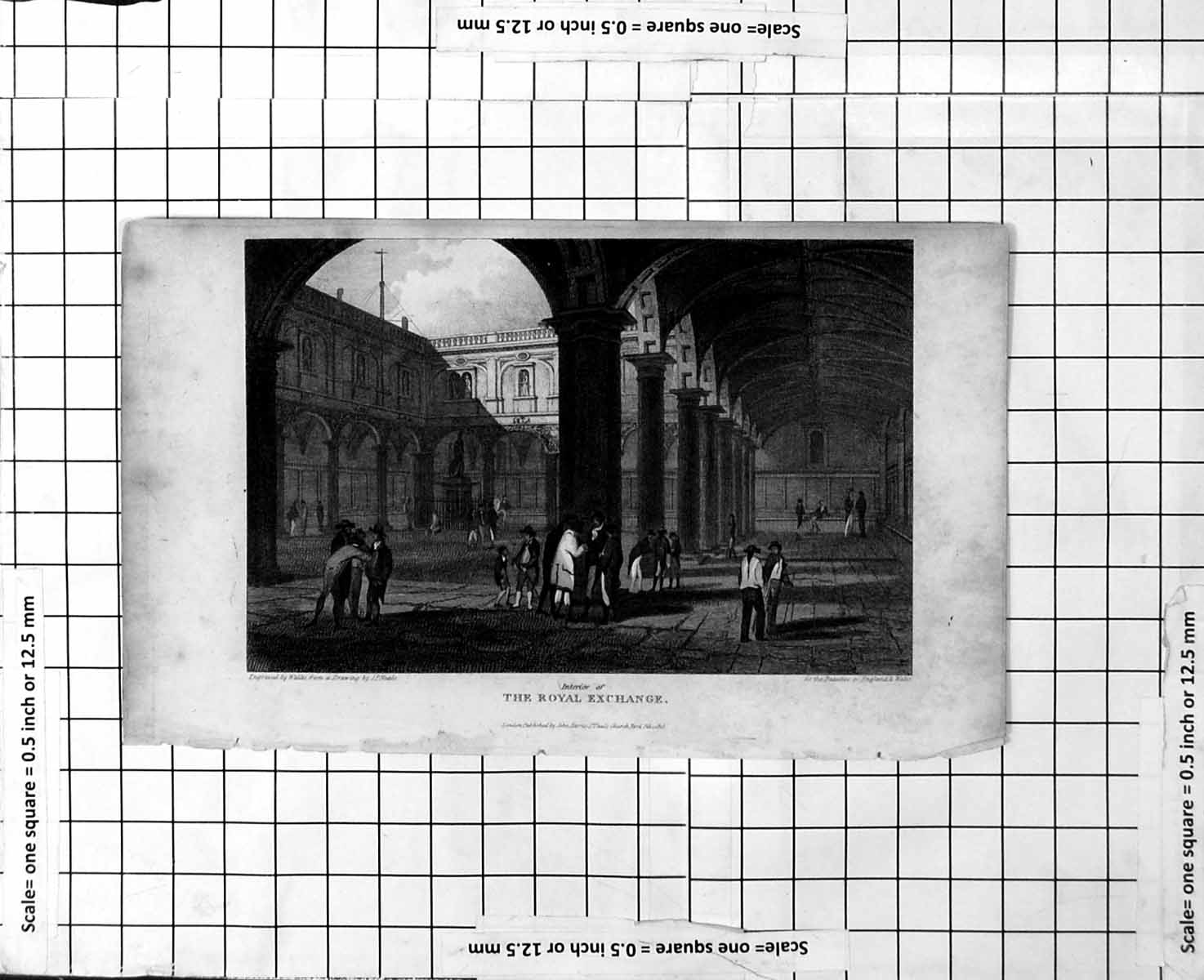 Original Old Antique Print The Royal Exchange Interior Columns Vaulted Ro 19th