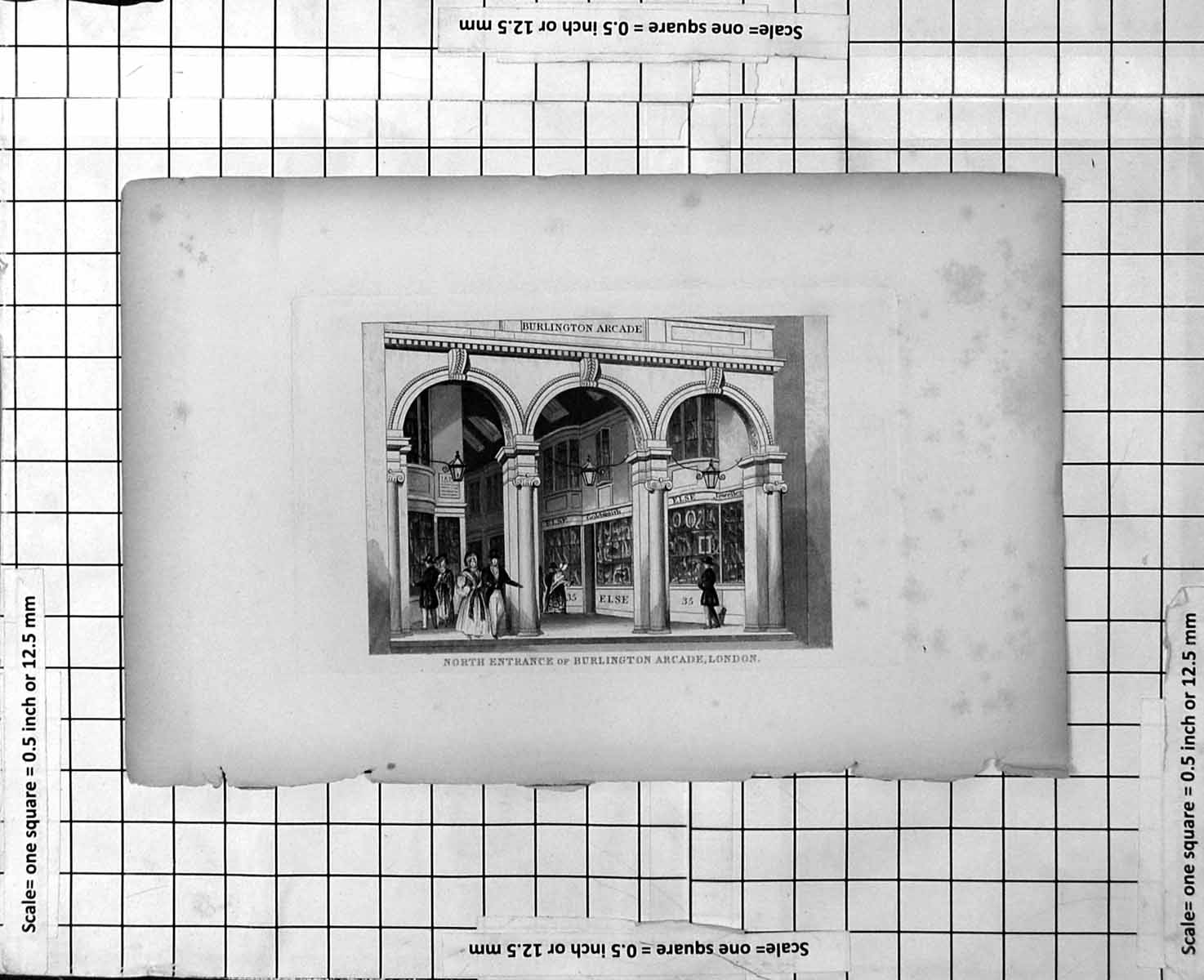 Antique Print North Entrance Burlington Arcade London Shops People Top Hats
