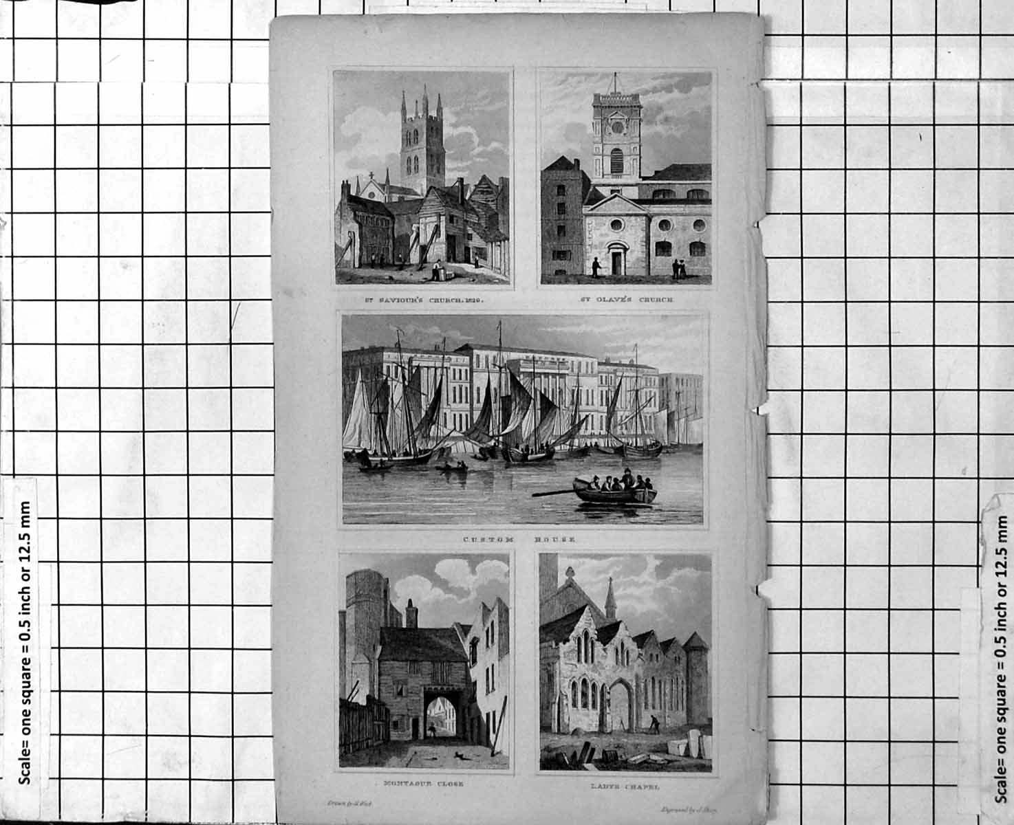 Antique Old Print St Saviours Church Glaves Custom House Montague Close Ladye
