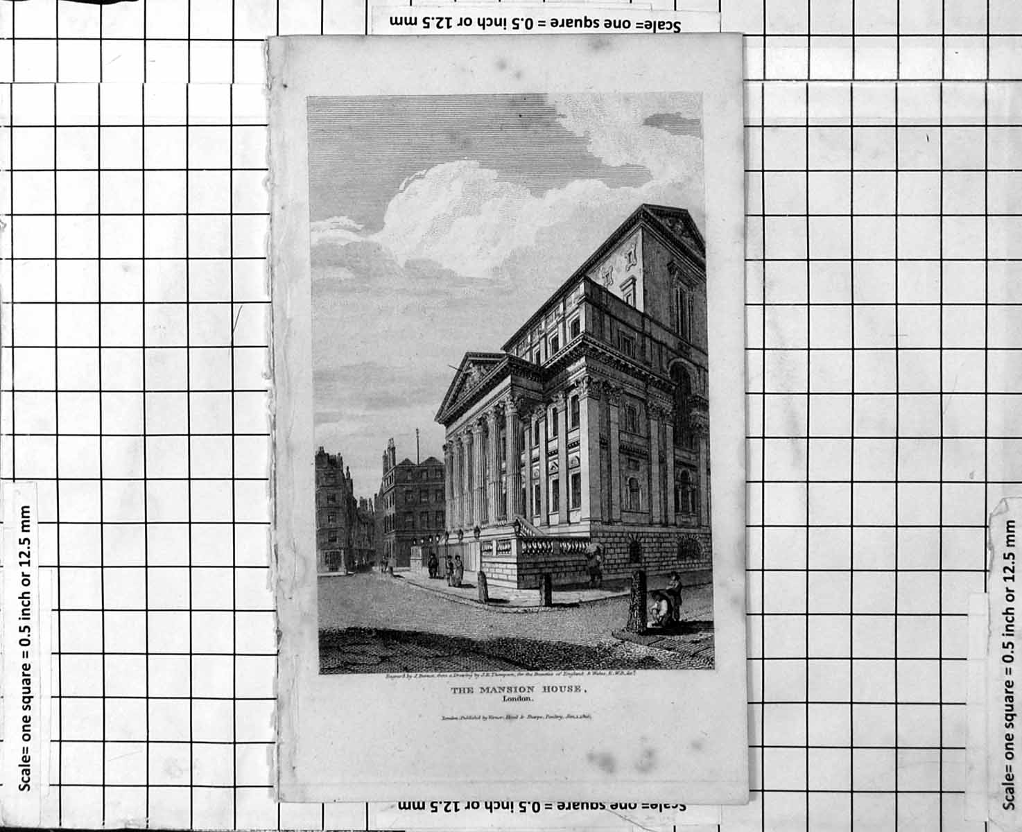 Antique Old Print The Mansion House London View Exterior Steps Stone Pillars