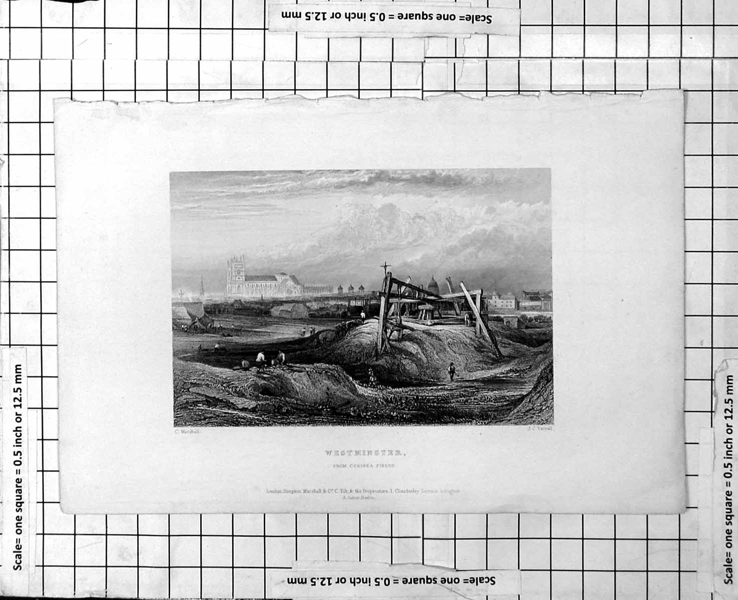 Old Antique Print Westminster From Chelsea Fields Wooden Timberwork Men 19th