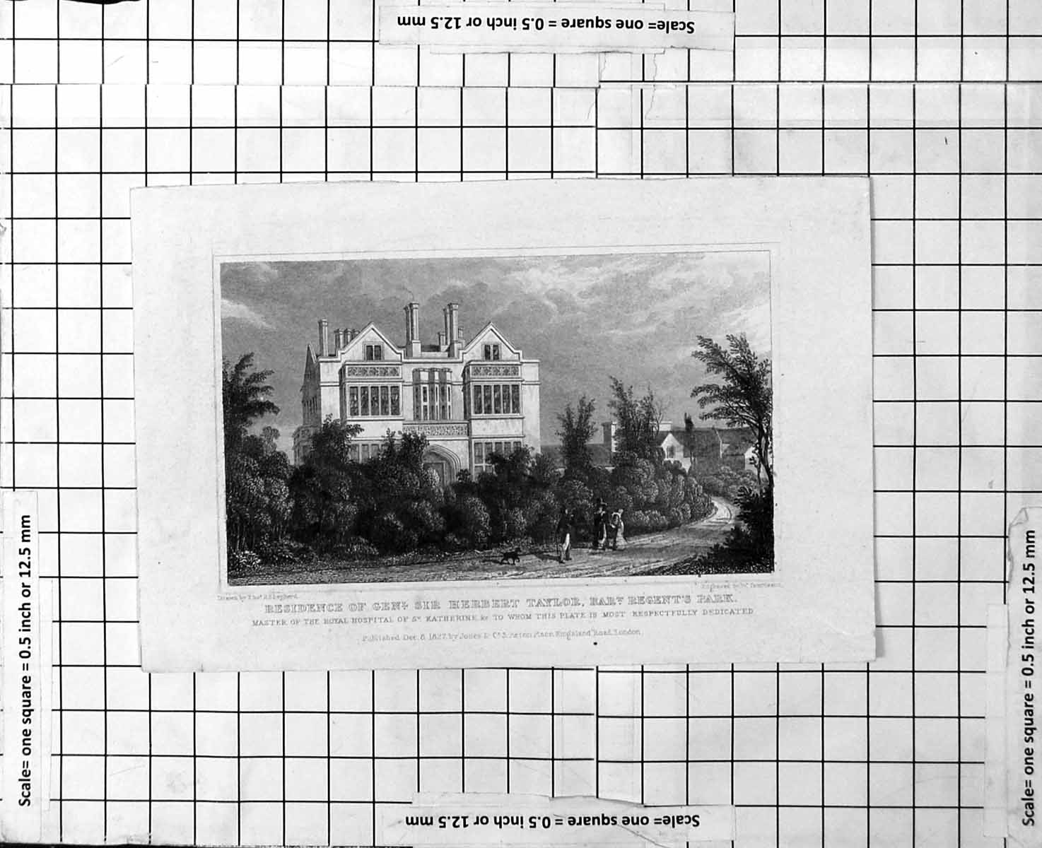Antique Old Print Residence Gen'L. Sir Herbert Taylor Bart. Regents Park 1827