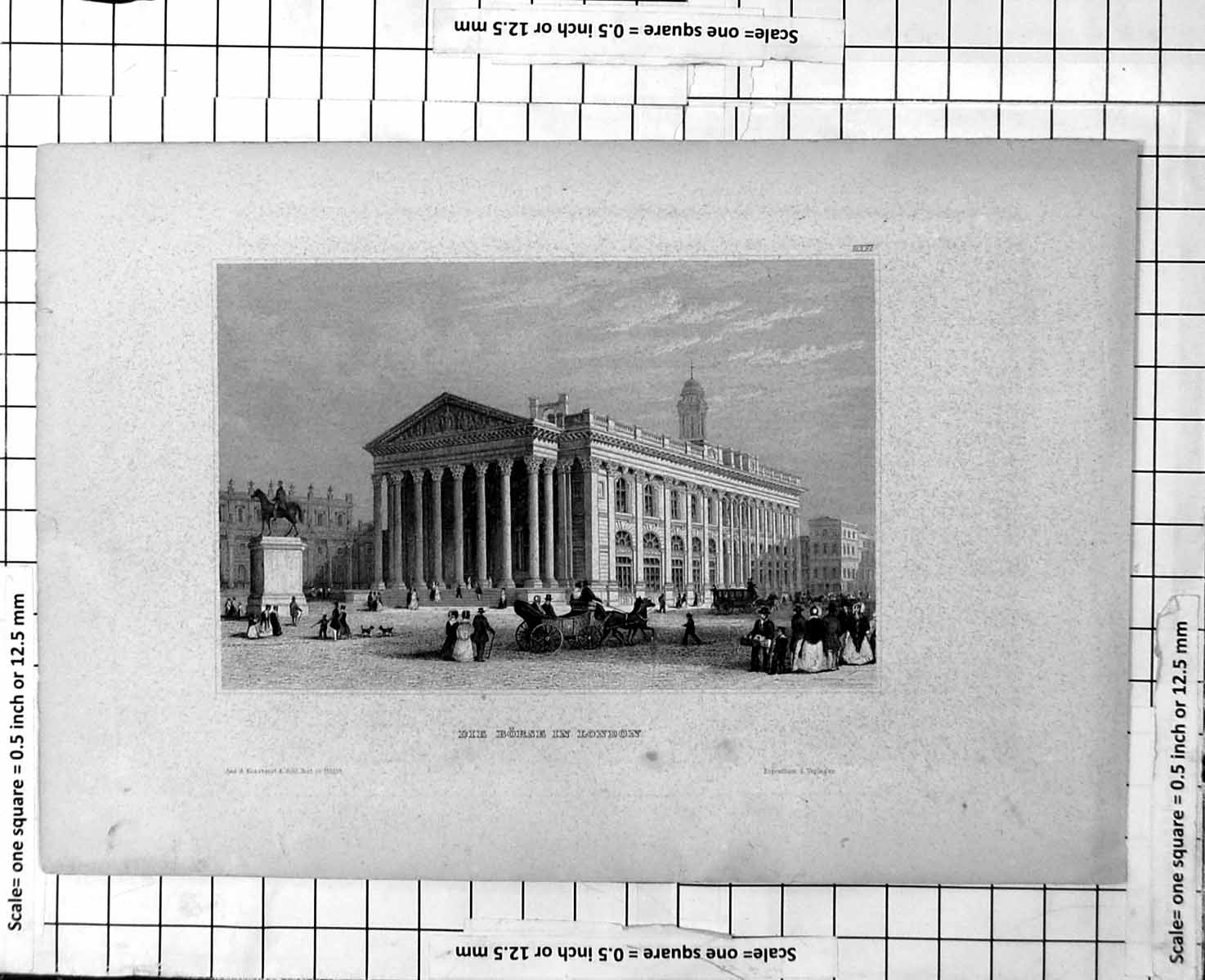 Antique Print Die Borse In London Columned Building Horses Carriages People