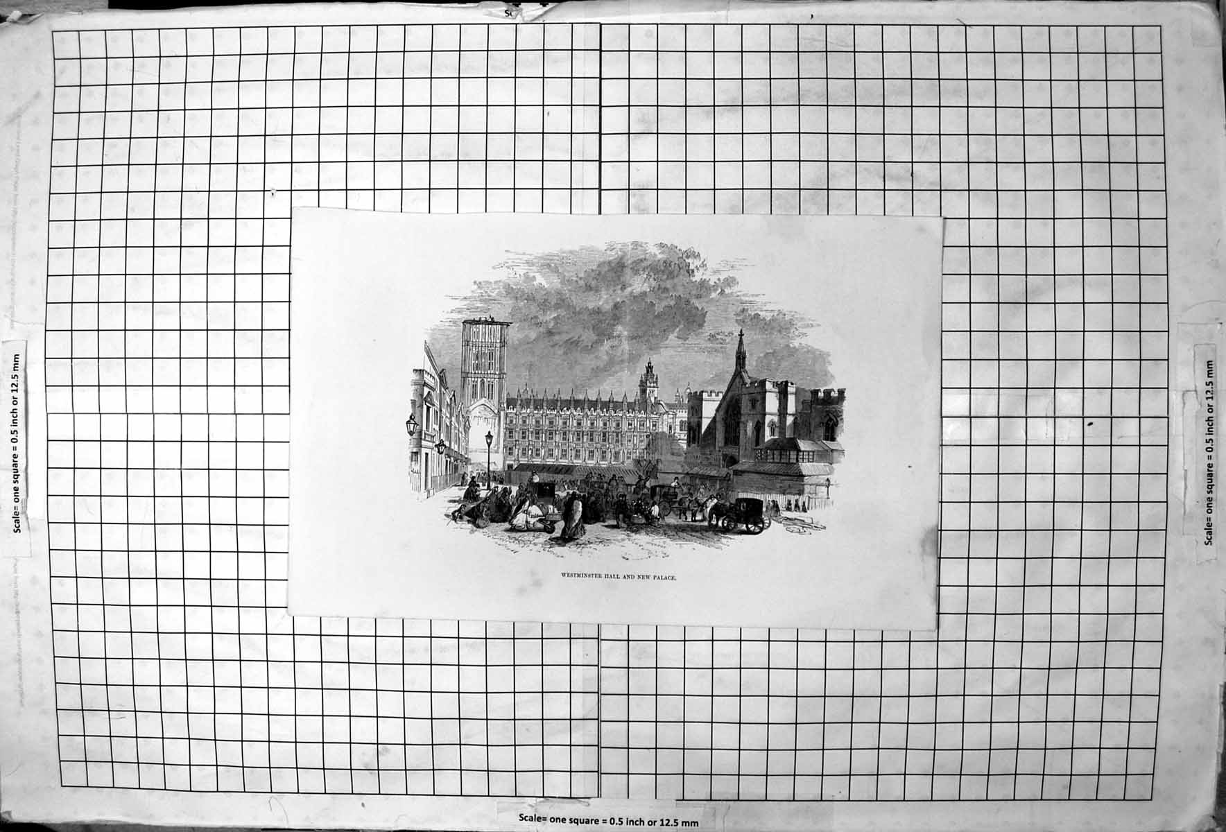 Antique Old Print Westminster Hall And New Palace Ladies Gentlemen Horse Cart