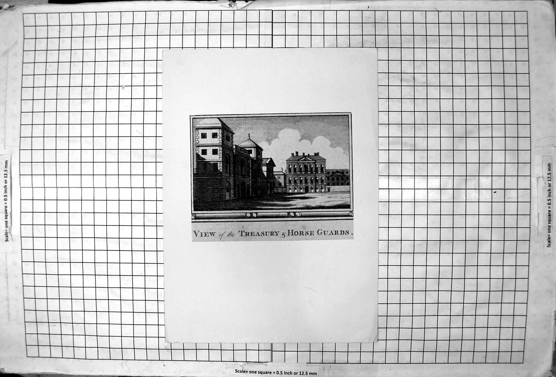 Antique Old Print View The Treasury And Horse Guards Street View Buildings