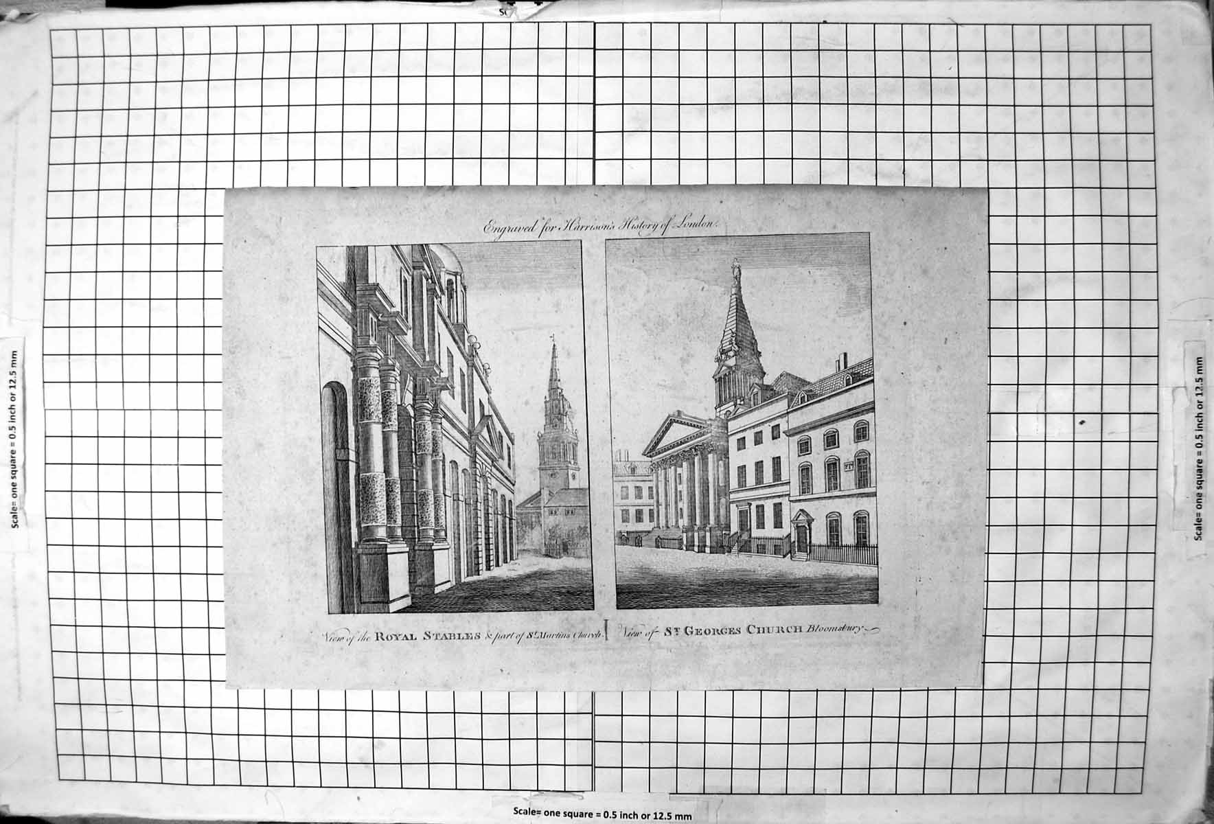 Antique Old Print Royal Stables St Martin'S Church St George'S Church London