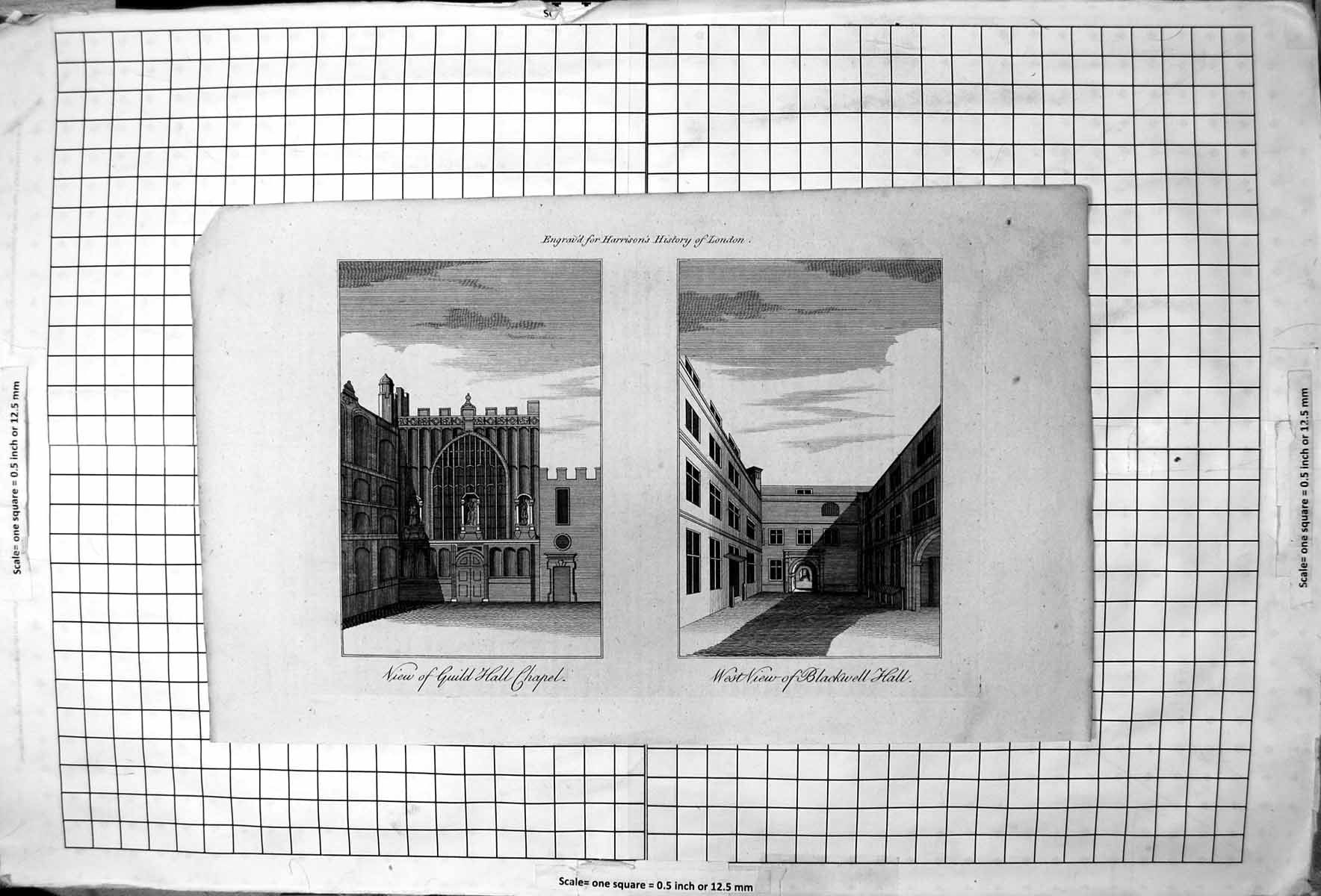 Original Old Antique Print Guild Hall Chapel West View Blackwell Hall London