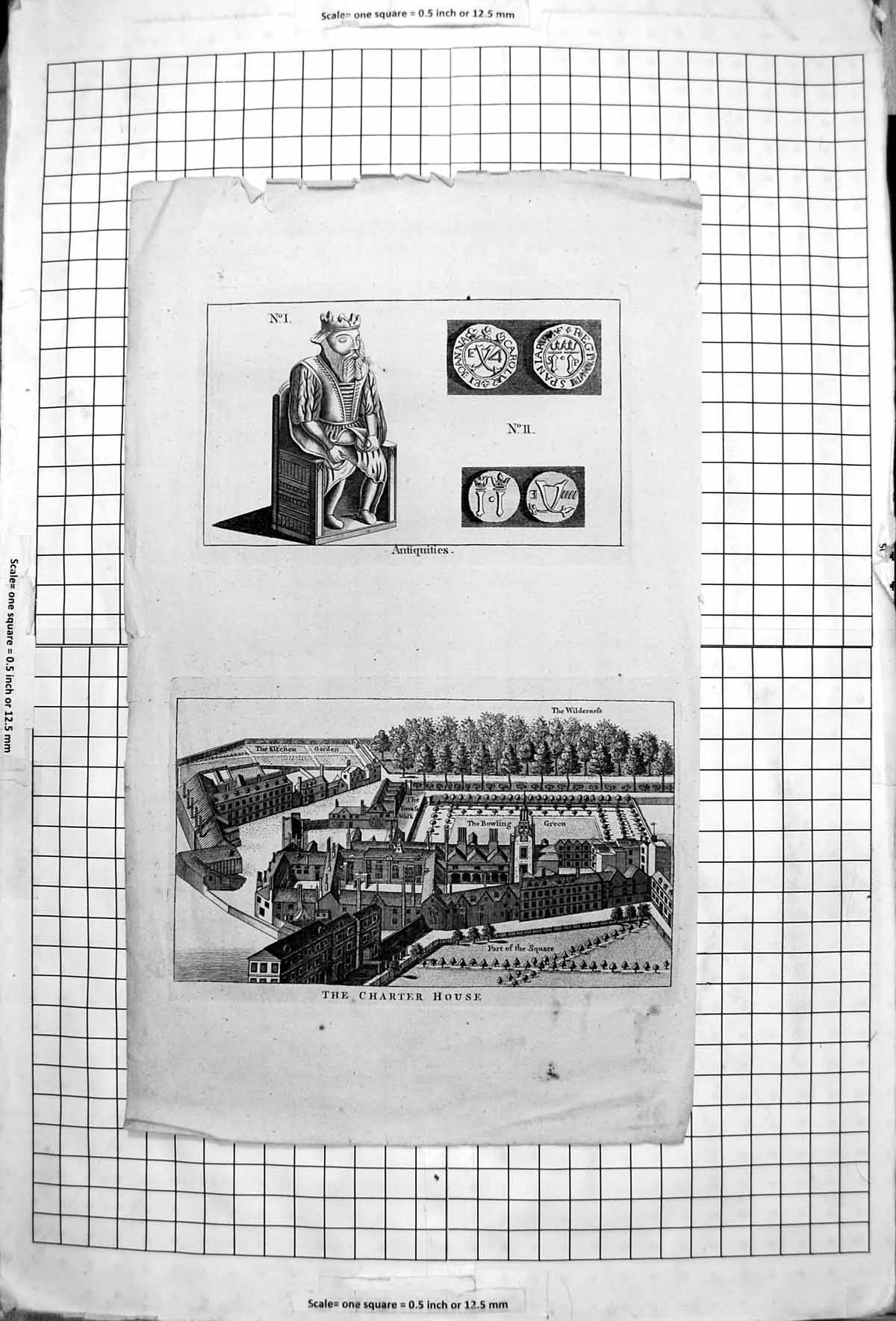 Old Antique Print The Charter House Part Square Bowling Green Antiquities