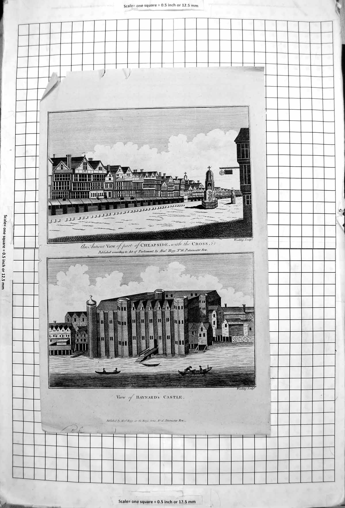 Original Old Antique Print Ancient View Cheapside Cross View Baynard'S Castle