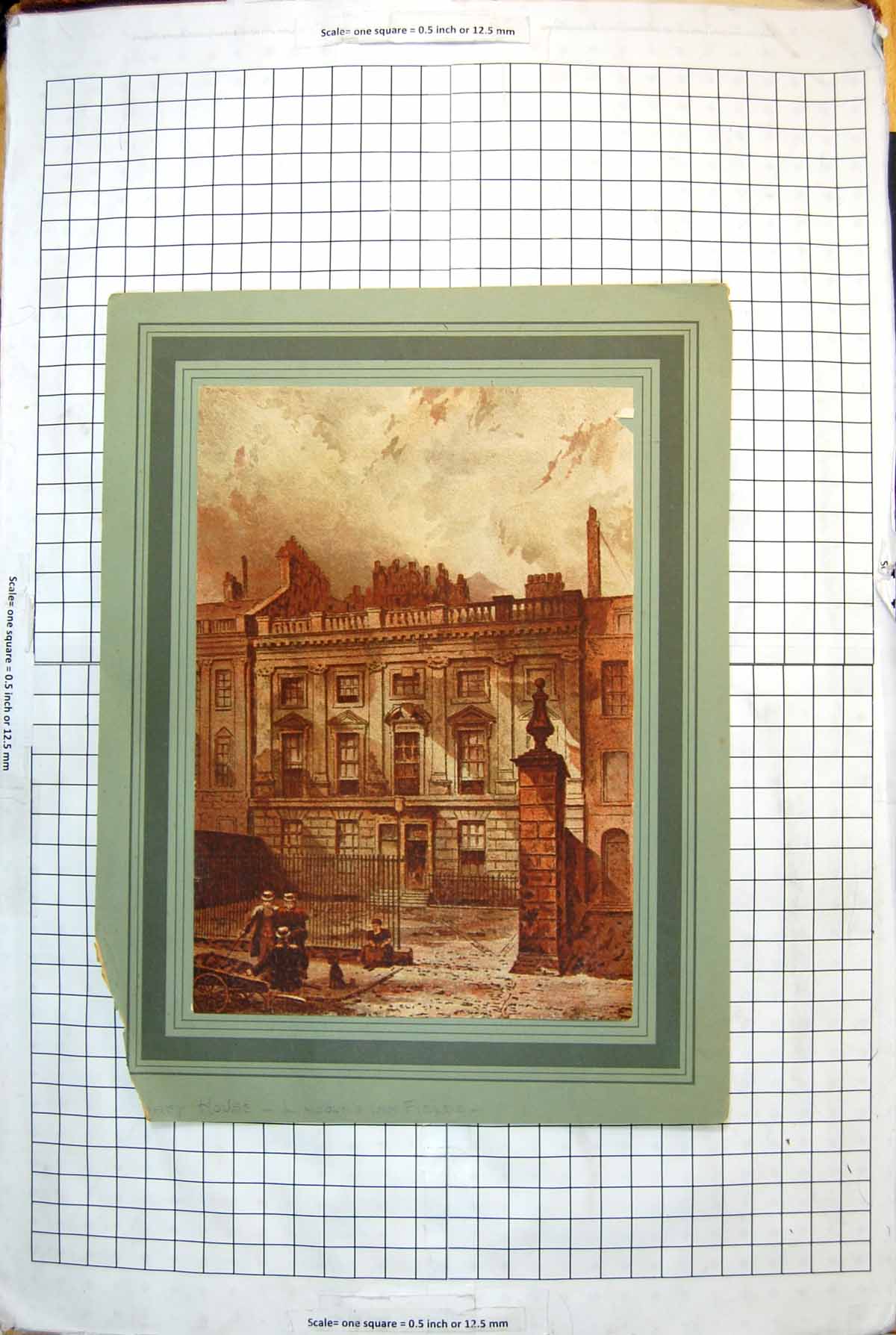 Original Old Antique Print House Lincoln'S Inn Fields Railings Cart People Dog