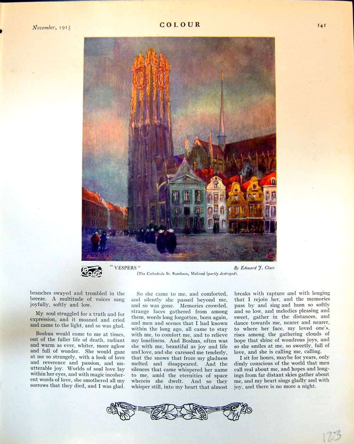 Antique Print Vespers Edouard J. Claes Malines Portrait Girl W.A.Chase 1915