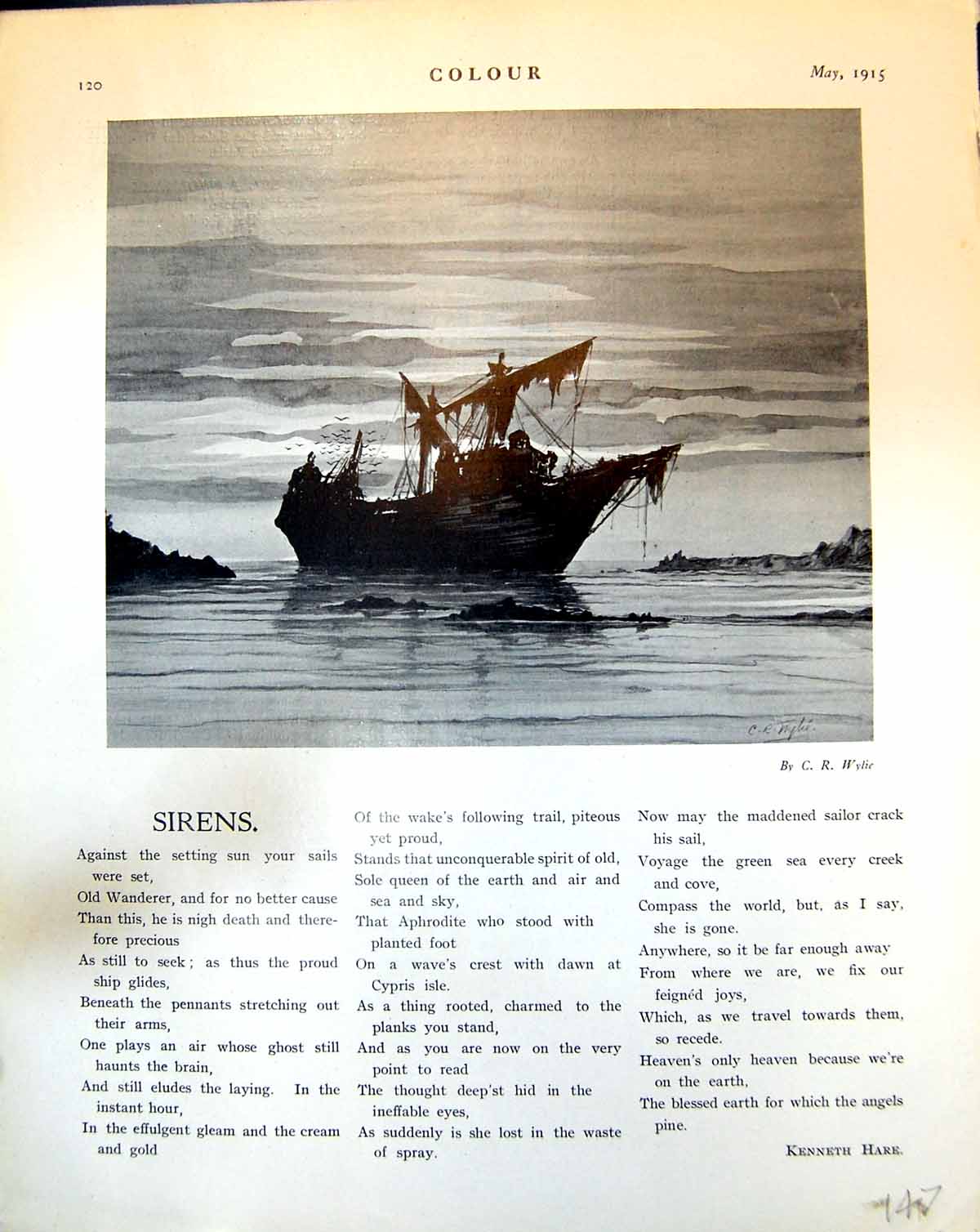 Old Print Wreck Sailing Ship Aground Broken Masts C.R. Wylie Sea Sky 1915 20th