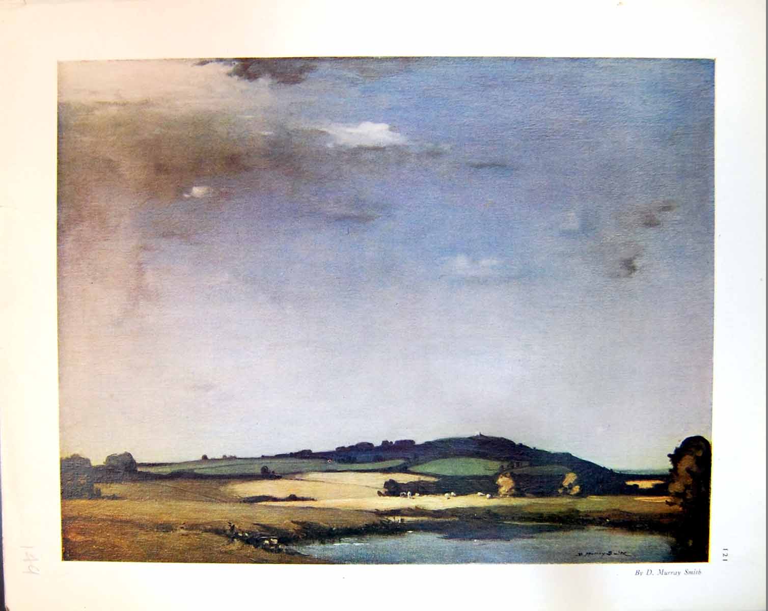 Old Print Low Rolling Landscape Trees Hill Water D. Murray Smith Sky 1915 20th