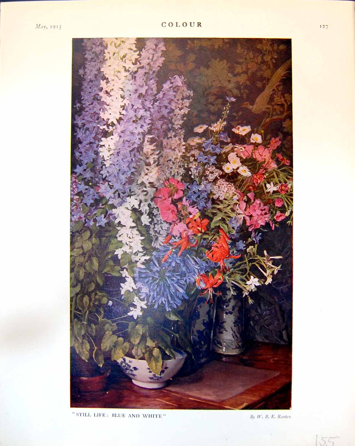 Old Still Life Blue And White W.B.E. Rankin Flowers China Bowls 1915 20th