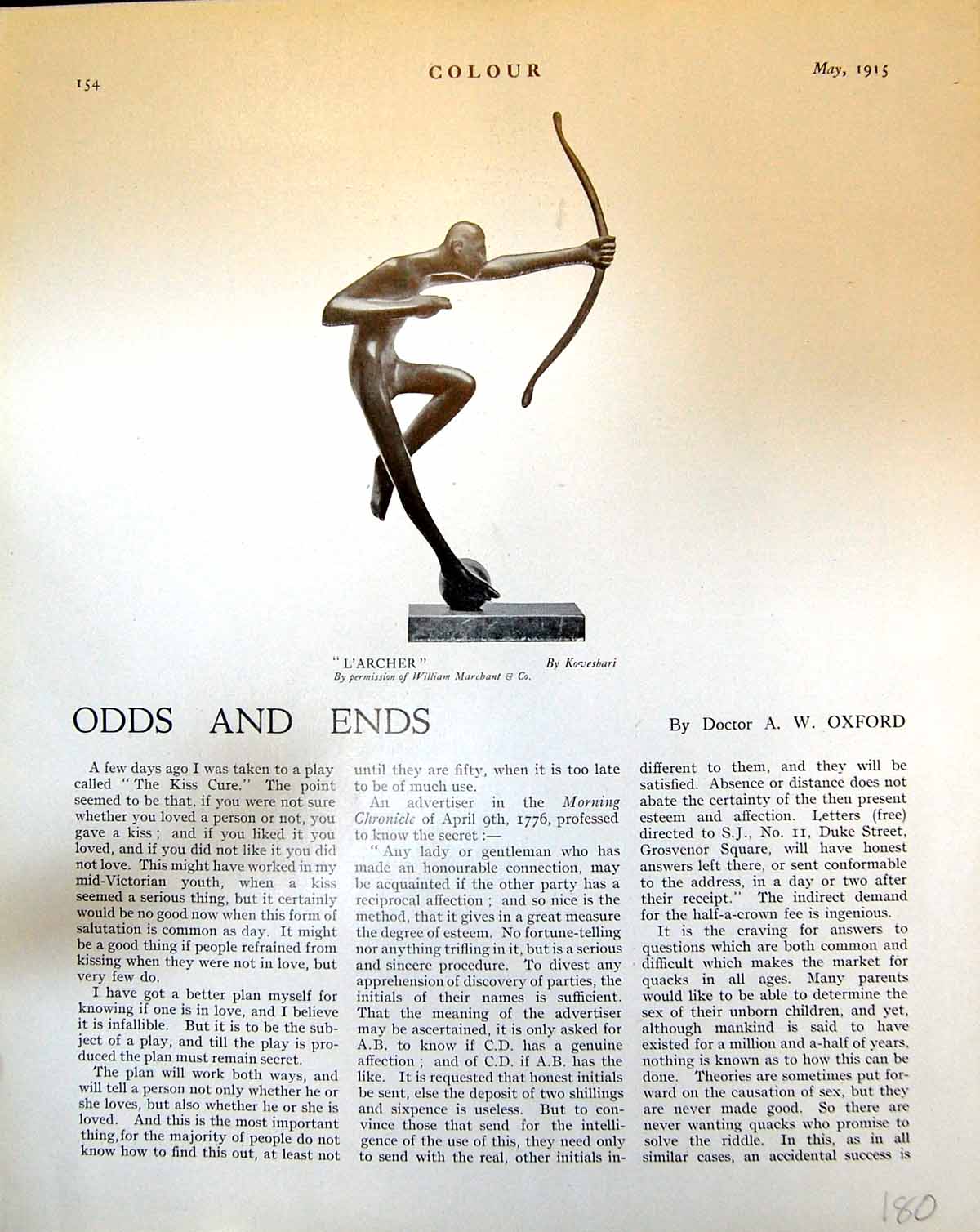 Antique Old Print L'Archer The Archer Sculpture By Koveshari Curved Bow 1915