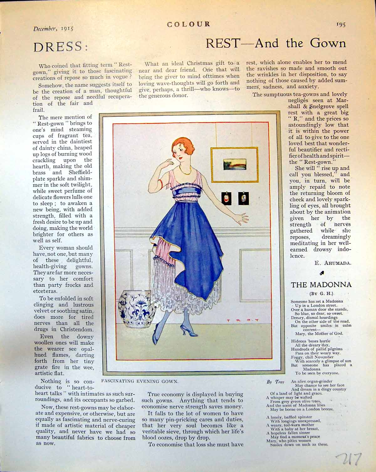 Antique Old Print Fascinating Evening Gown Troy Landscape G.W. Downing 1915