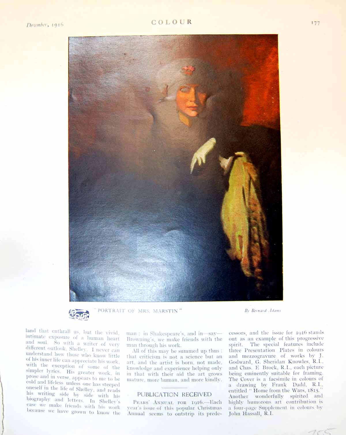 Antique Print Portrait Mrs Marstin Bernard Adams Woman G.L. Brockhurst 1916