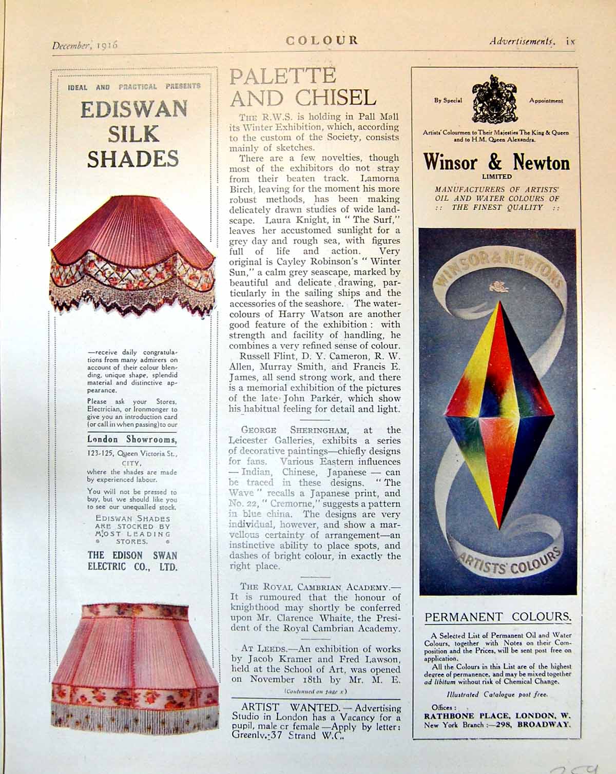 Old Advert Winsor Newton'S Artists' Colours Ediswan Silk Shades 1916 20th