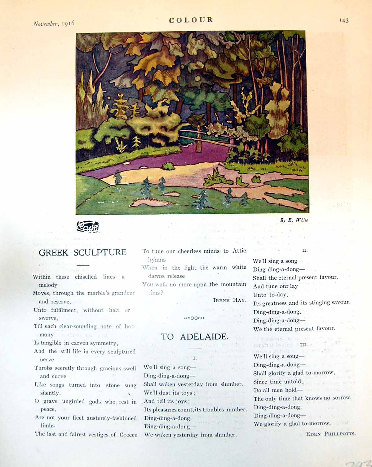 Old Stylised Tree Scene E White Egyptian Harp Playing G Langdale 1916 20th
