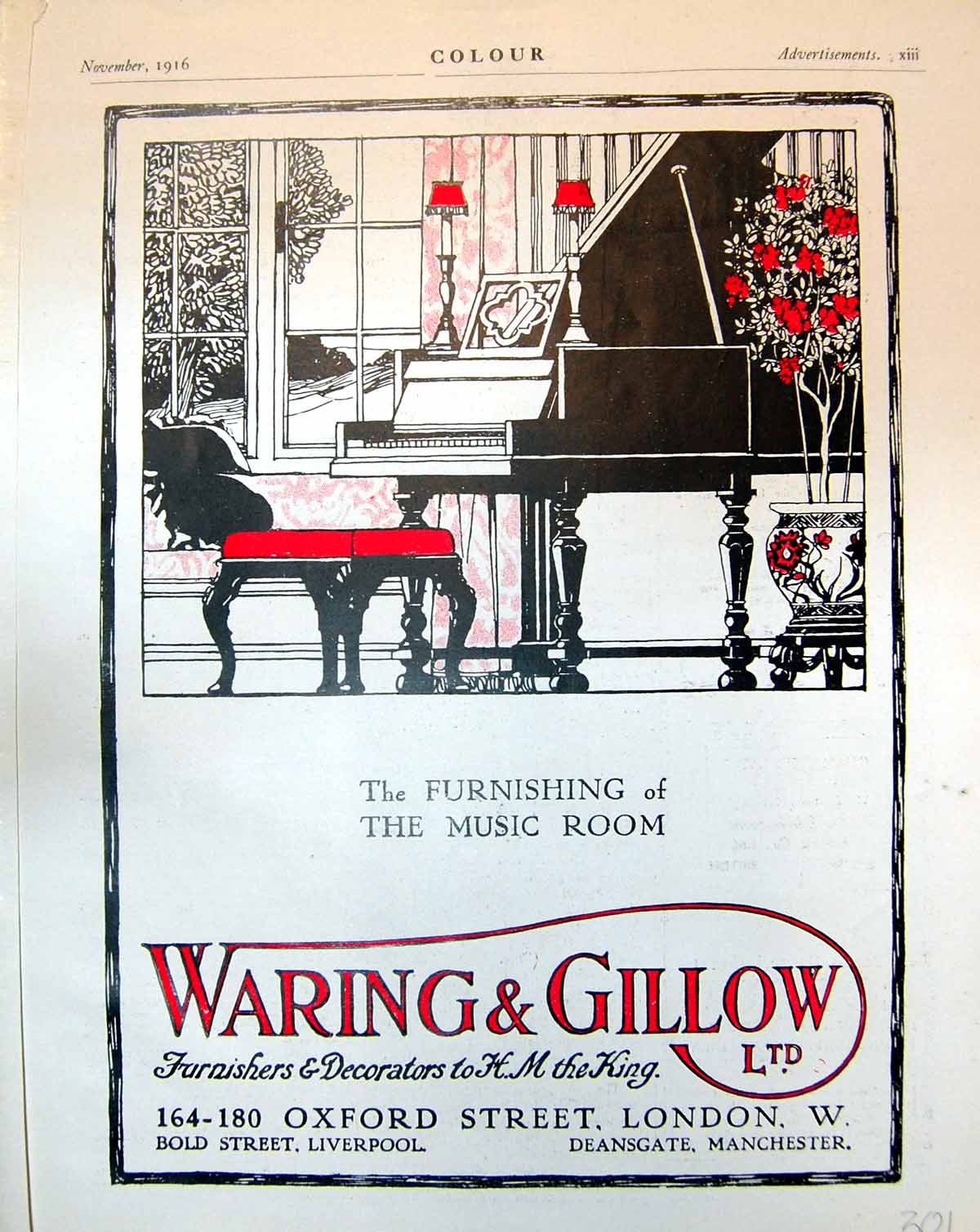Antique Print Waring & Gillow Furnishing Advertisement The Music Room 1916 20th