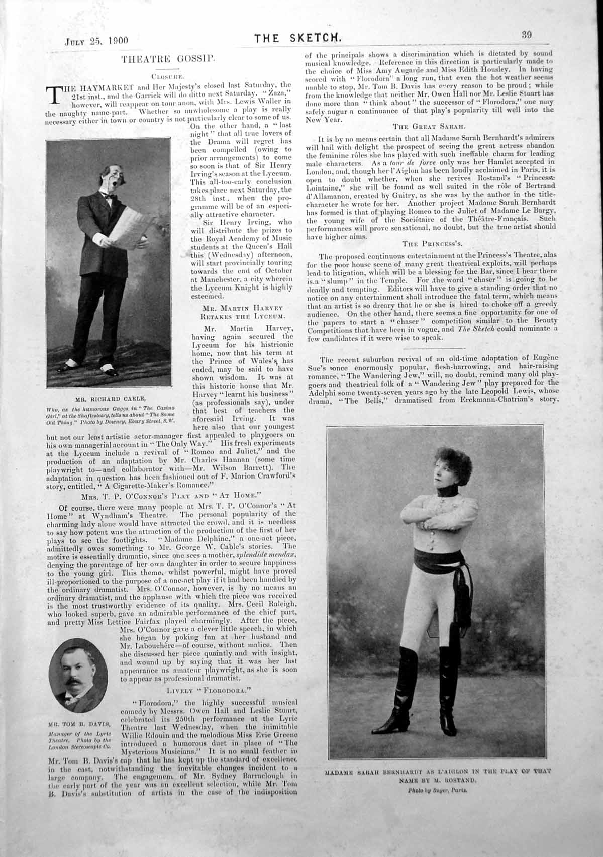Old Print Richard Carle Madame Sarah Bernhardt Miss Lee Daisy Thimm 1900 20th
