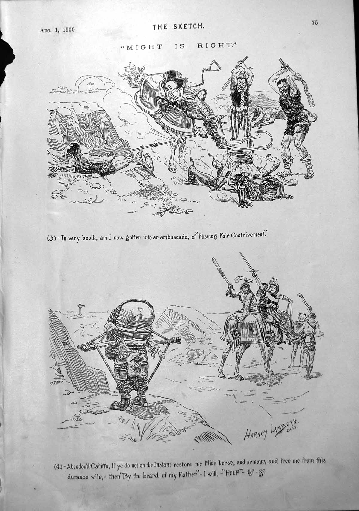 Antique Old Print Knight Ambushed Rogues Highway Bound Up Ropes And Left 1900