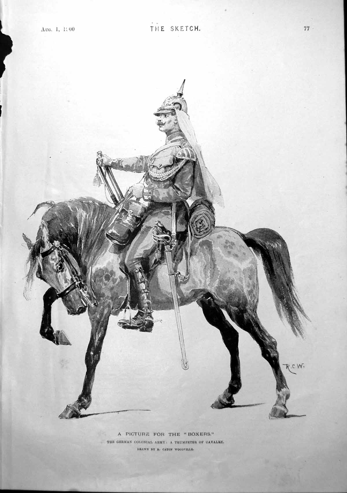 Antique Old Print German Colonial Army Trumpeter Cavalry Rc Woodville 1900 20th