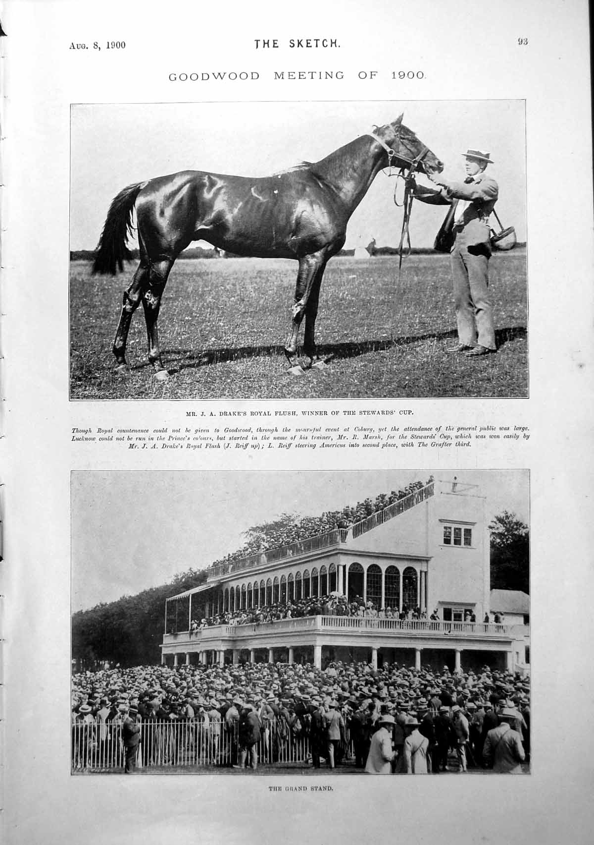 Antique Old Print Goodwood Meeting Winner Royal Flush The Grand Stand 1900 20th