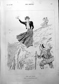Antique Old Print Lady Cliff Top Man Dog Picnic Basket On Back Lost Dog 1900